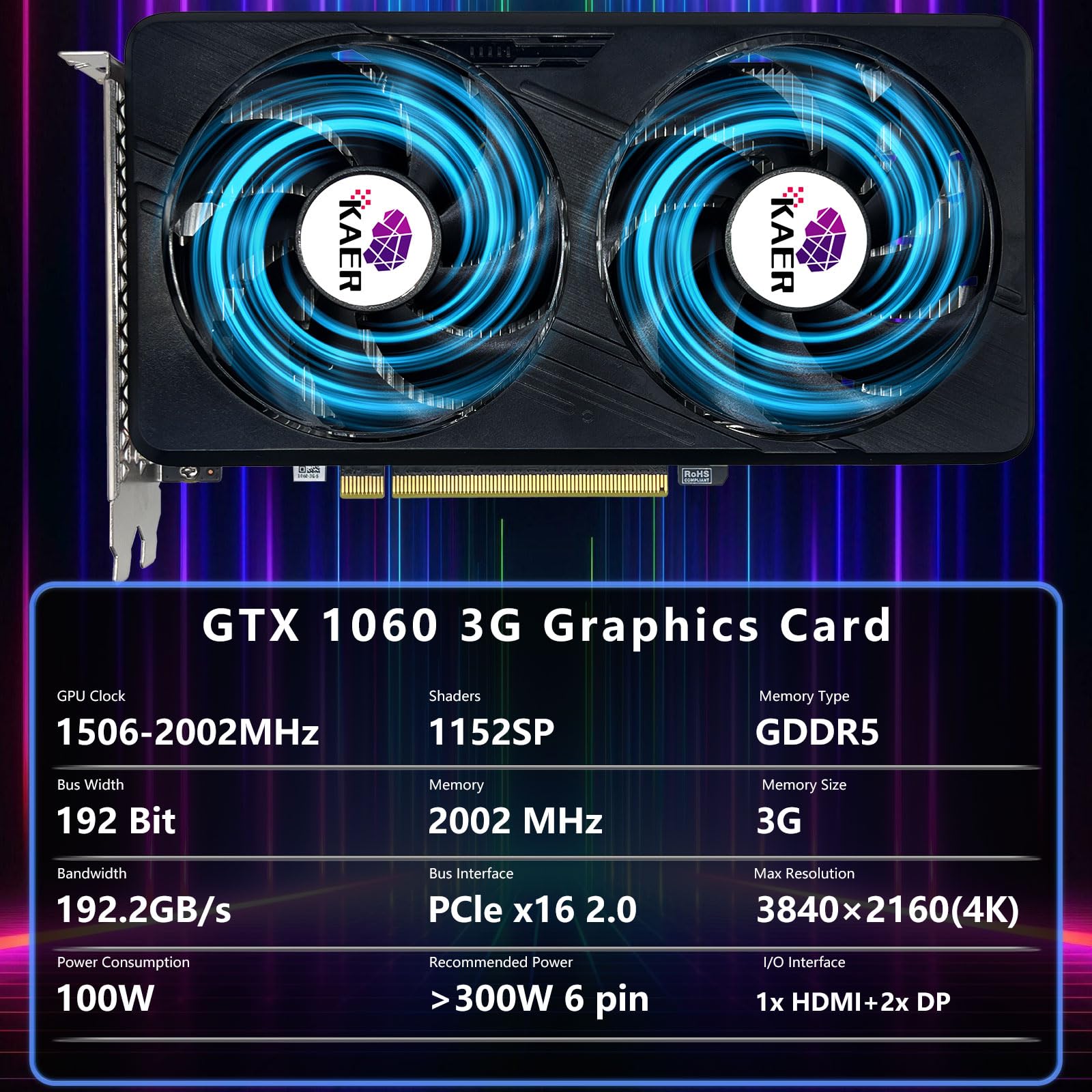 NVIDIA GeForce GTX 1060 3GB GDDR5 192-bit Gaming Graphics Card - Dual Fan, PCIe x16 2.0, DVI/HDMI/DP Output for PC Gaming, VR & 4K Video Editing