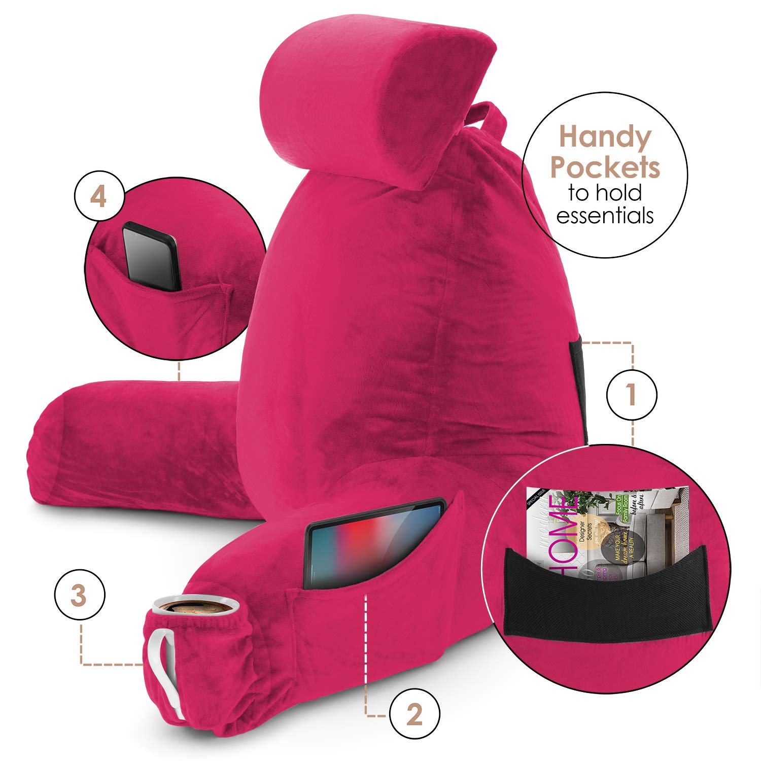 Nestl Large Reading Pillow for Bed - Shredded Memory Foam Back Support Pillow with Pockets - Perfect for Reading, Watching TV, or Relaxing in Bed - Hot Pink Bed Chair Arm Pillow for Adults & Kids