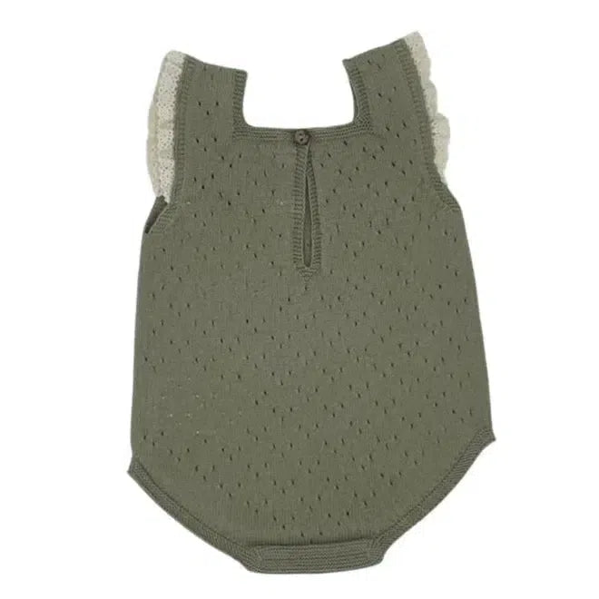 Li + Me Knit Lace Detail Bubble Romper for Baby Girls - Soft Green Cotton Jumpsuit with Ruffles | Perfect for Photoshoots, Birthday Parties & Special Occasions
