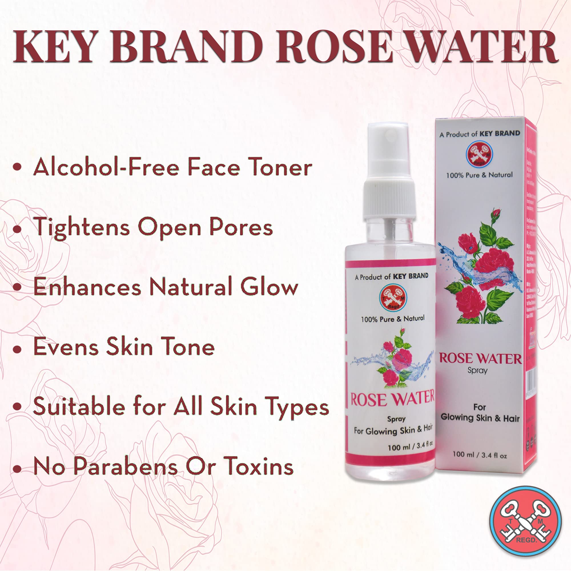 Keybrand Rose Water Facial Mist - 100ml Hydrating Spray Bottle for Skin Care, Makeup Setting & Refreshing