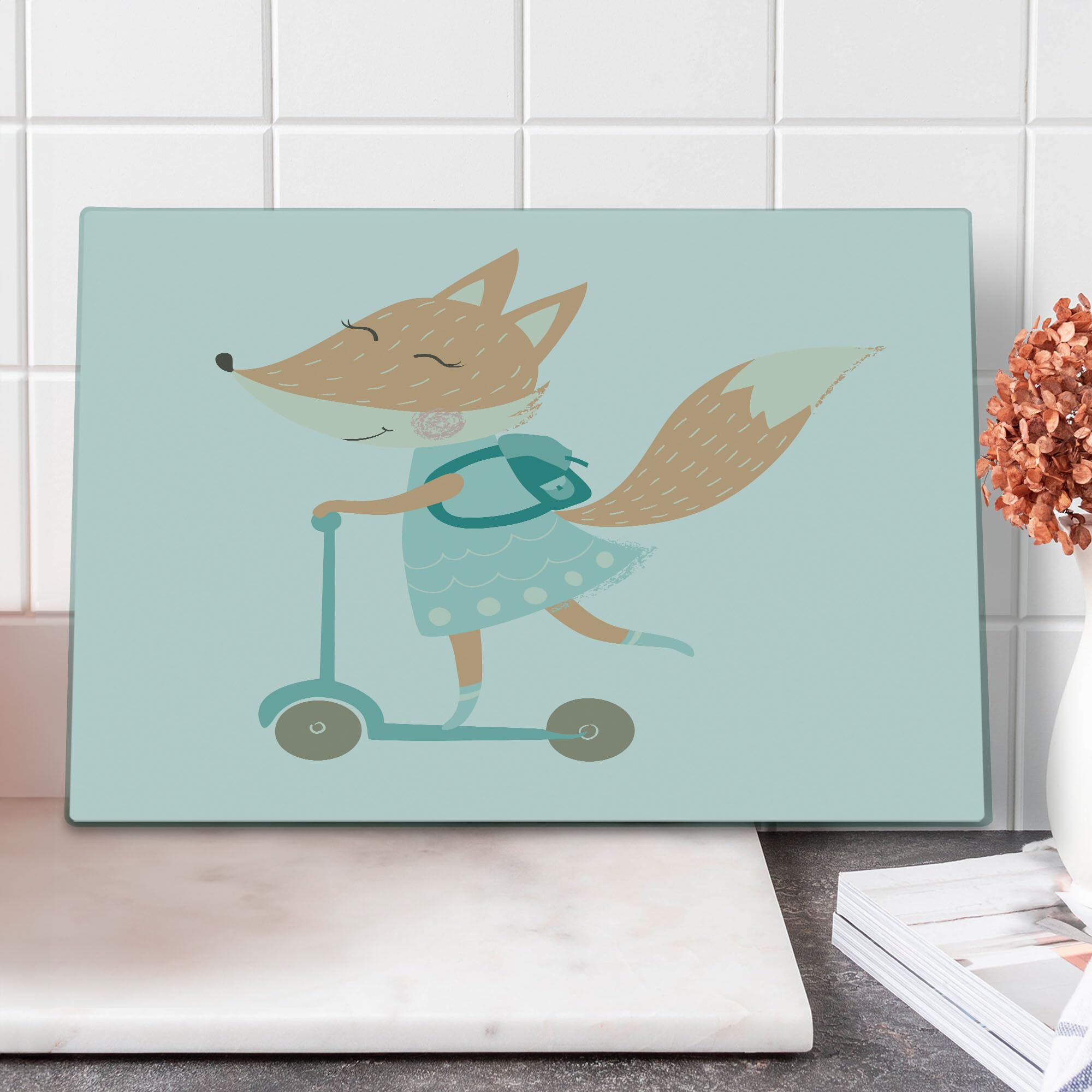 Ambesonne Fox Tempered Glass Cutting Board - Happy Animal with Scooter & Bag Design - Large Decorative Serving Board for Kitchen & Dining - Perfect for Charcuterie, Cheese, and Party Platters