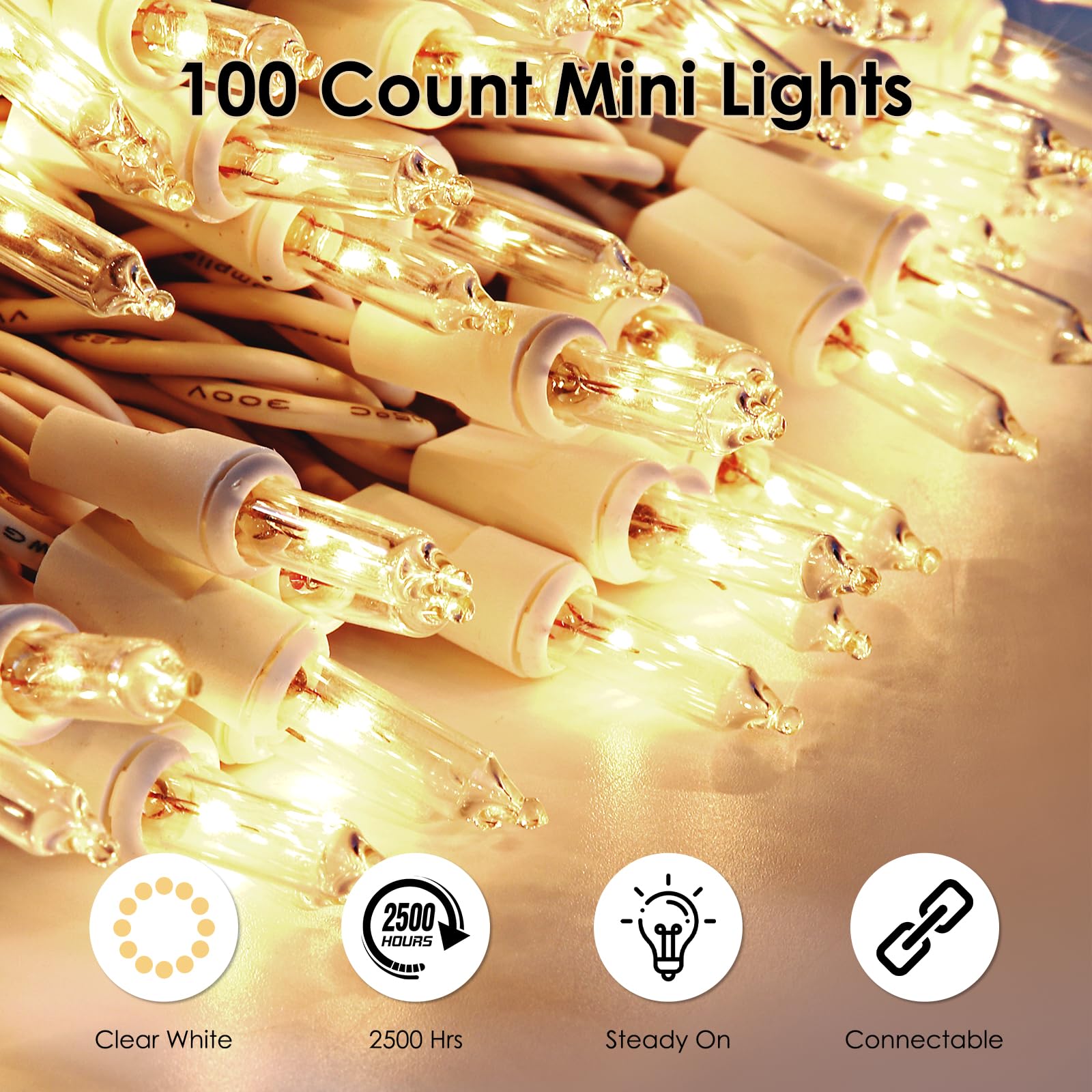 100-Count Clear Mini Christmas Lights with Warm White Bulbs & White Wire - UL Certified Connectable String Lights for Christmas Tree, Garland, Home, Patio, Wedding, Party & Festival Decor - Perfect for Indoor/Outdoor Holiday Lighting