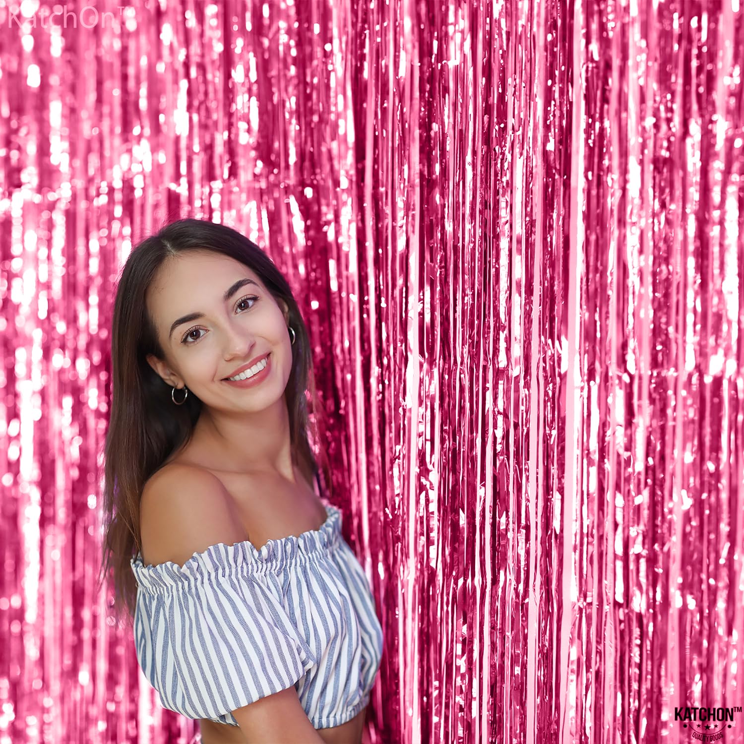 KatchOn Pink Foil Fringe Backdrop - XtraLarge 8x3.2 Feet (Pack of 2) | Party Decorations for Birthday, Baby Shower & Galentines Day | Pink Streamers, Photo Booth Background & Event Decor