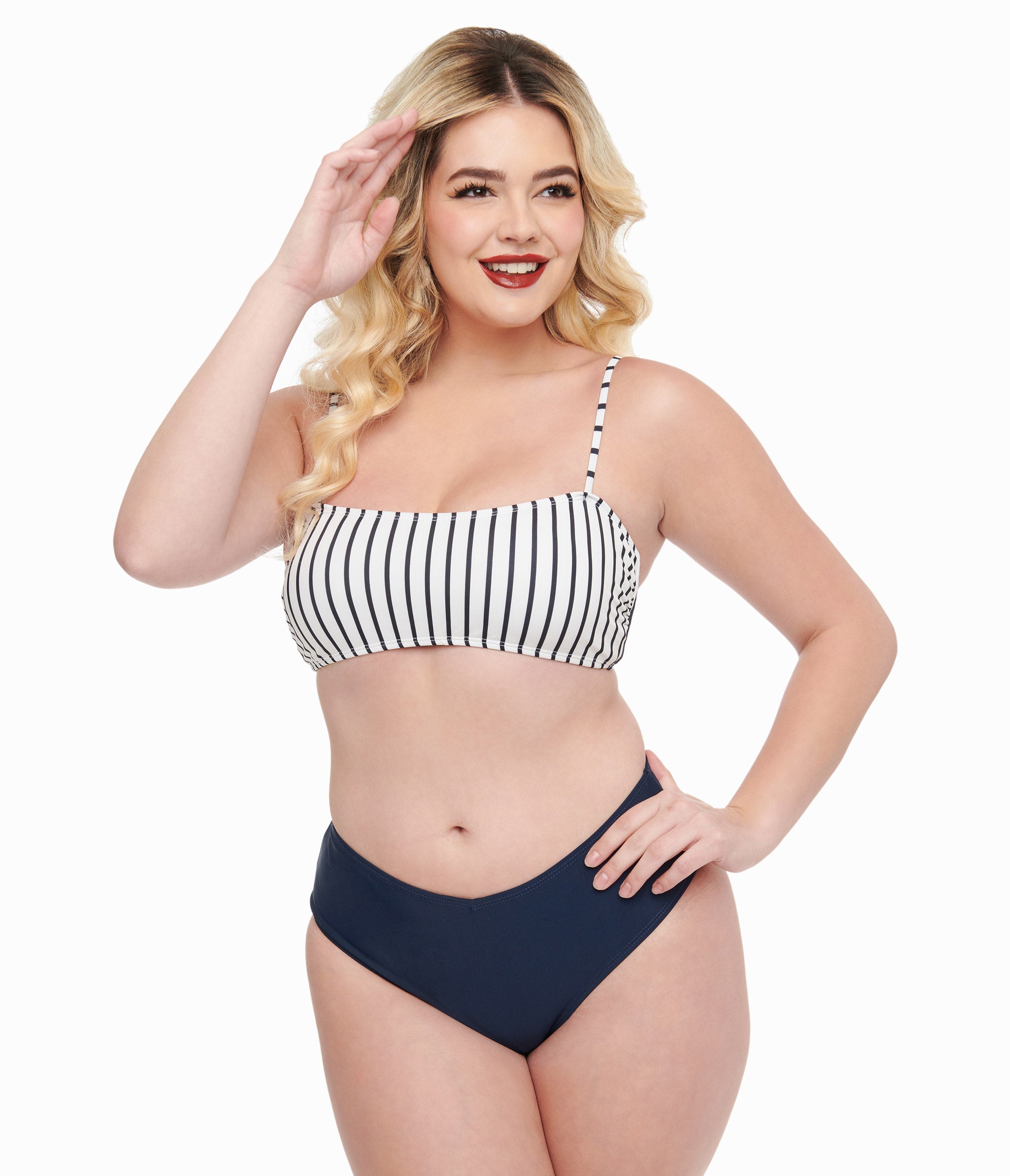Navy & White Striped Two Piece Swimwear Set - Women's High Waisted Bikini Top & Bottom for Beach, Pool, Vacation