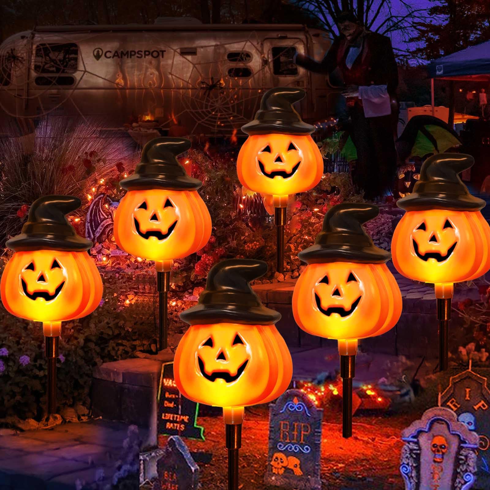 6 Pack Halloween Pumpkin Solar Pathway Lights - Orange Jack O'Lantern Stake String Lights for Outdoor Yard Decorations, Solar LED Halloween Decor for Front Porch, Garden, Walkway & Party Display