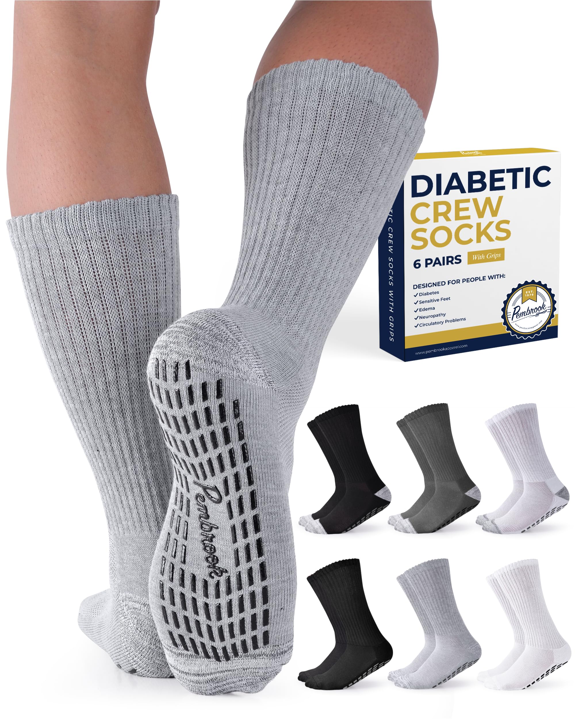 Pembrook 6 Pairs Diabetic Socks with Non-Slip Grippers for Men & Women - Breathable Neuropathy & Edema Relief Socks (12 Colors) - Ideal for Diabetes, Swelling & Circulation Support at Home or Work