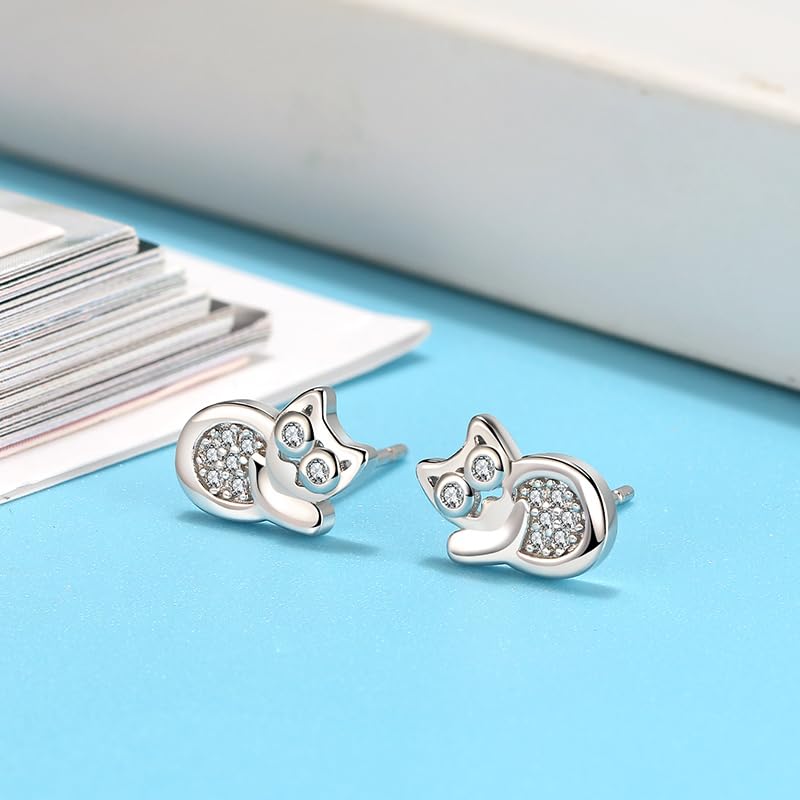 Ginger Lyne Sterling Silver Kitty Cat Stud Earrings with CZ Stones - Perfect for Casual Wear, Gifts & Cat Lovers
