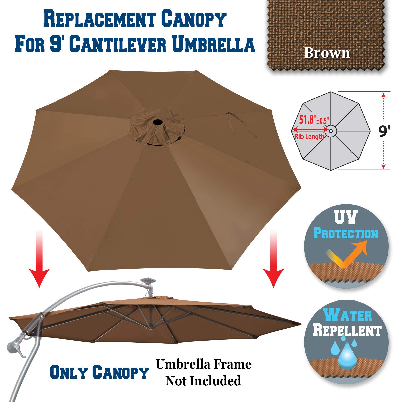 BenefitUSA 9ft 8-Rib Umbrella Canopy Replacement Cover - Durable Outdoor Patio Umbrella Top in Brown | Perfect for Backyard, Poolside & Garden Shade