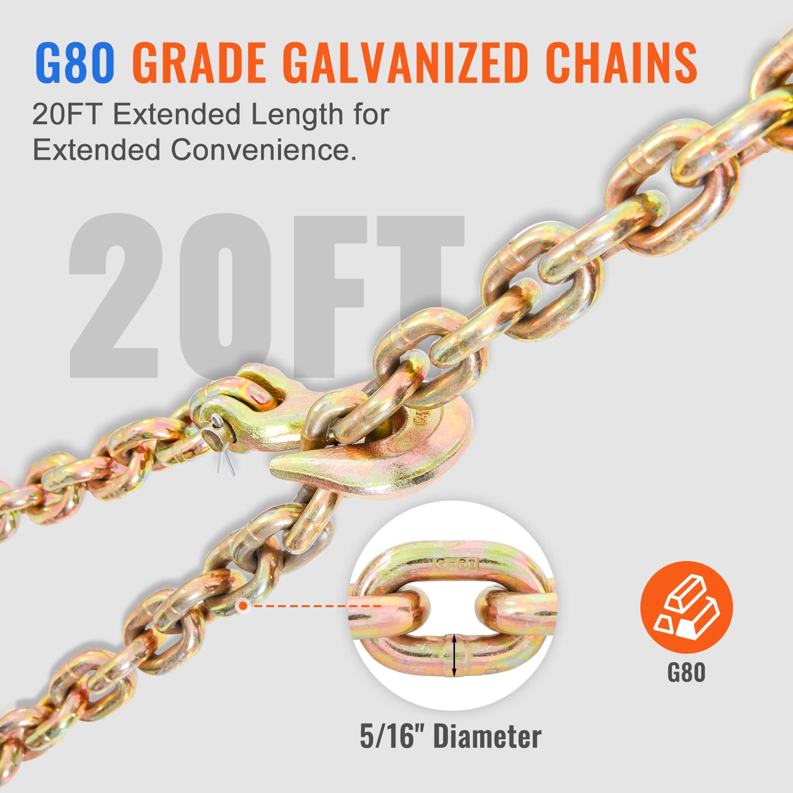 VEVOR 5/16-3/8 Inch Ratchet Chain Binder with 7100 lbs Load Capacity & G80 4700 lbs Chain - 4-Pack Black & Yellow Tie Down Binders for Flatbed Truck Trailers - Heavy Duty Hauling, Towing, and Cargo Securing