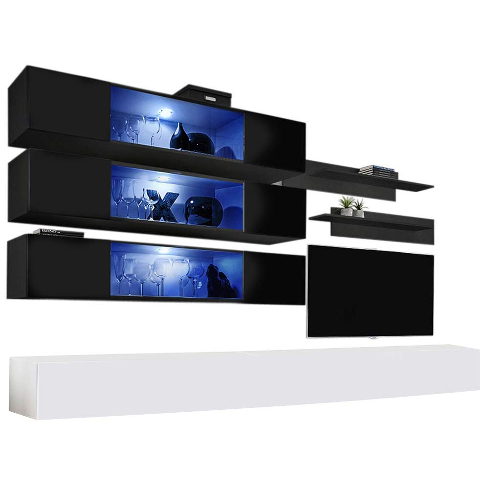Modern Floating TV Stand with Storage & LED Lights - Wall-Mounted Entertainment Center for Bedroom & Living Room - Black/White J3 30TV Console with Shelves - Perfect for Small Spaces & Home Theater Setup