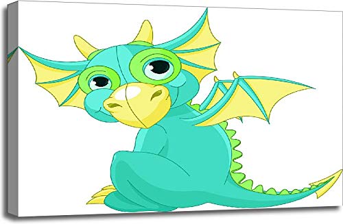 Cartoon Baby Dragon Gallery Wrapped Canvas Wall Art - 24x36 Inches - Nursery Decor, Kids Room Decor, Fantasy Themed Bedroom Decor - Perfect for Children's Rooms, Playrooms, and Dragon Lover Gifts
