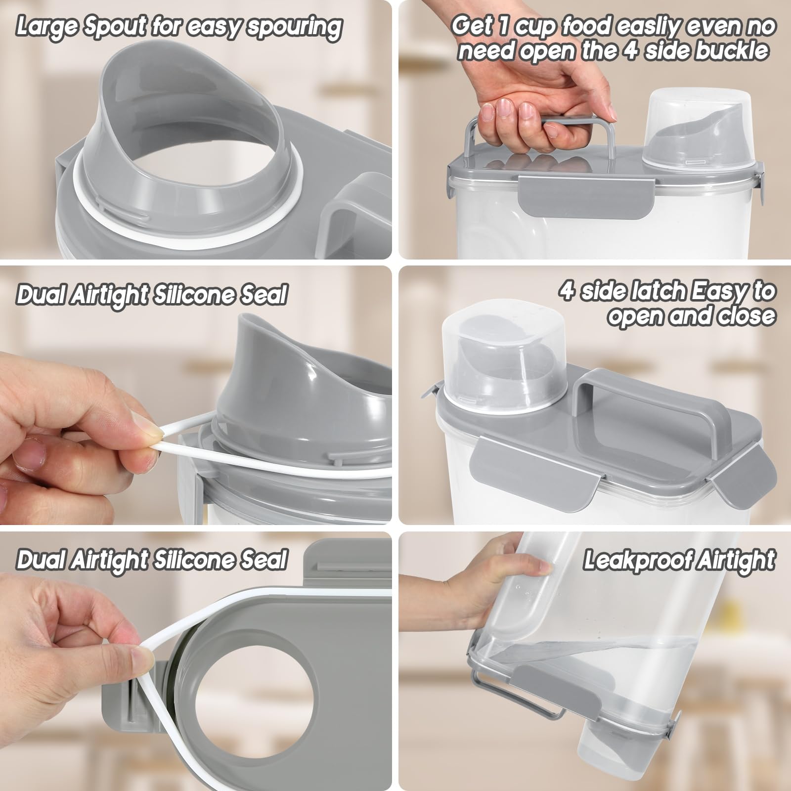 10Lbs Airtight Cat & Dog Food Storage Container with Upgraded Large Nozzle - BPA-Free Pet Food Storage for Rice, Grains, Flour & Treats - 2 Pack Grey - Perfect for Kitchen Pantry & Pet Food Organization