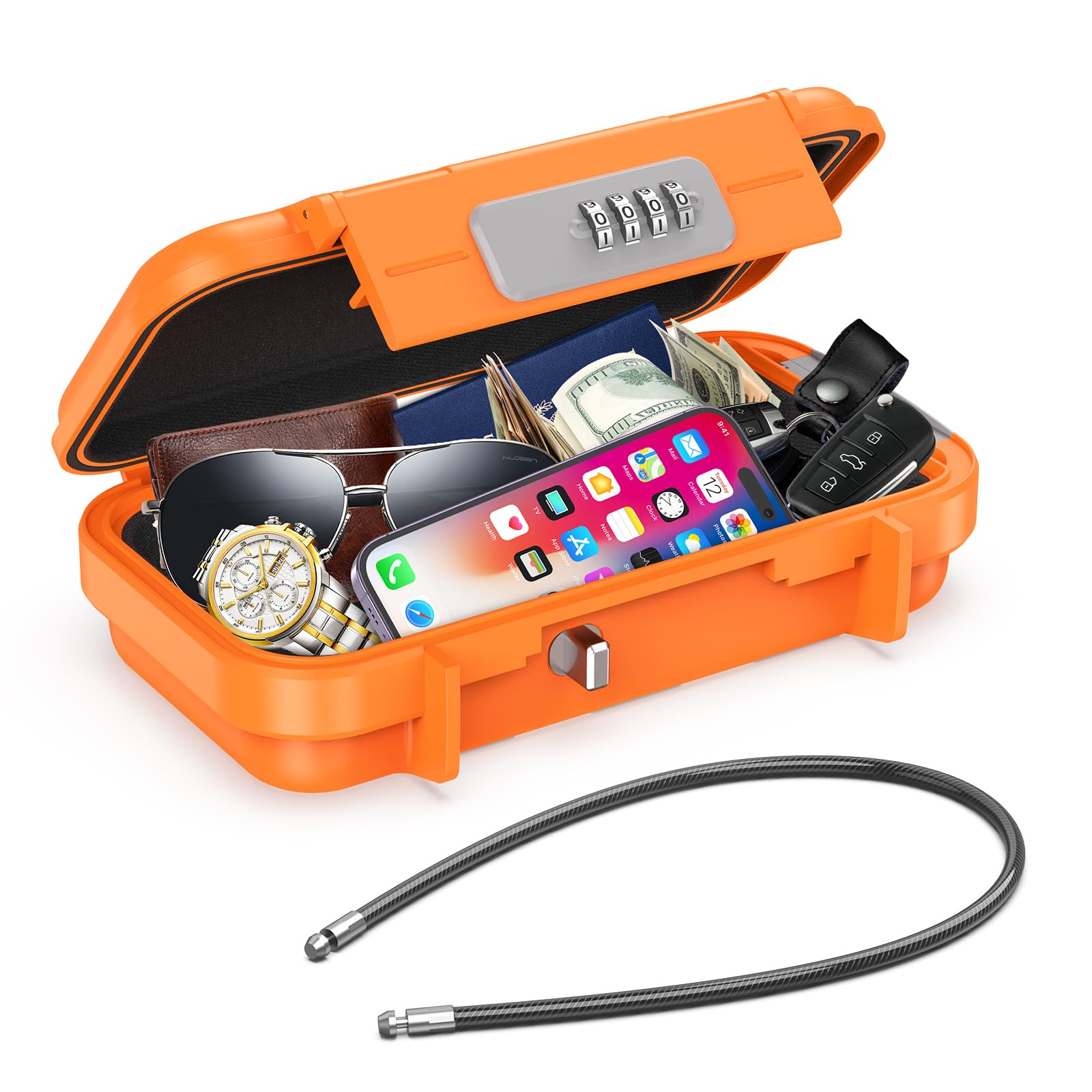 AMIR Portable Combination Lock Box - Waterproof Anti-Theft Security Case with Code & Removable Chain | Mini Travel Safe for Dorm, Beach, Hotel, Gym & Camping | Secure Valuables Anywhere