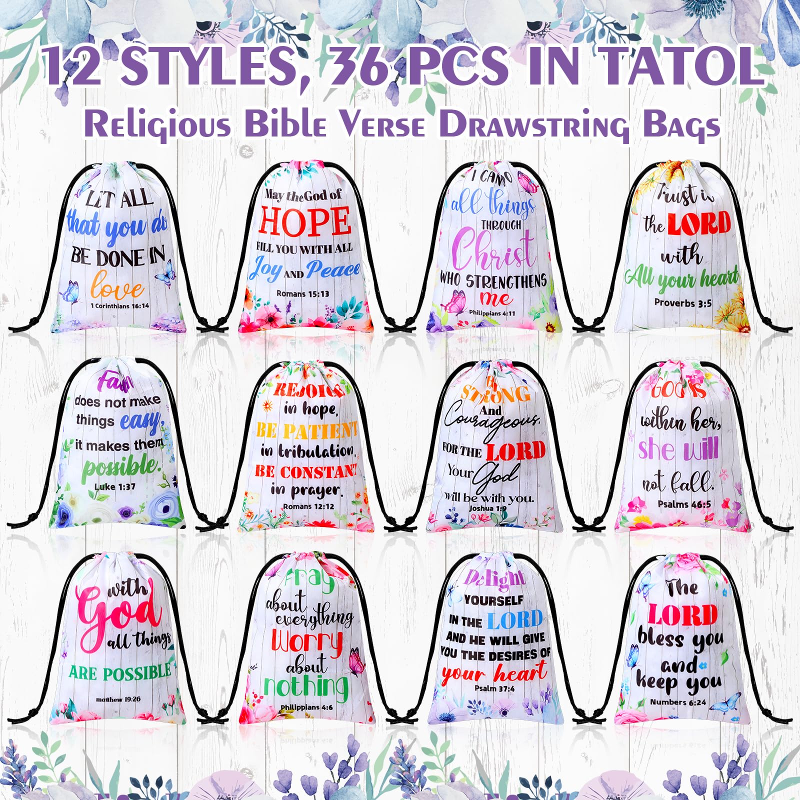 36 Pcs Easter Bible Verse Drawstring Bags - Christian Floral Wood Grain Gift Pouches for Baptism, Christening & Party Favors - Religious Supplies for Easter Celebrations, Sunday School Rewards & Church Events