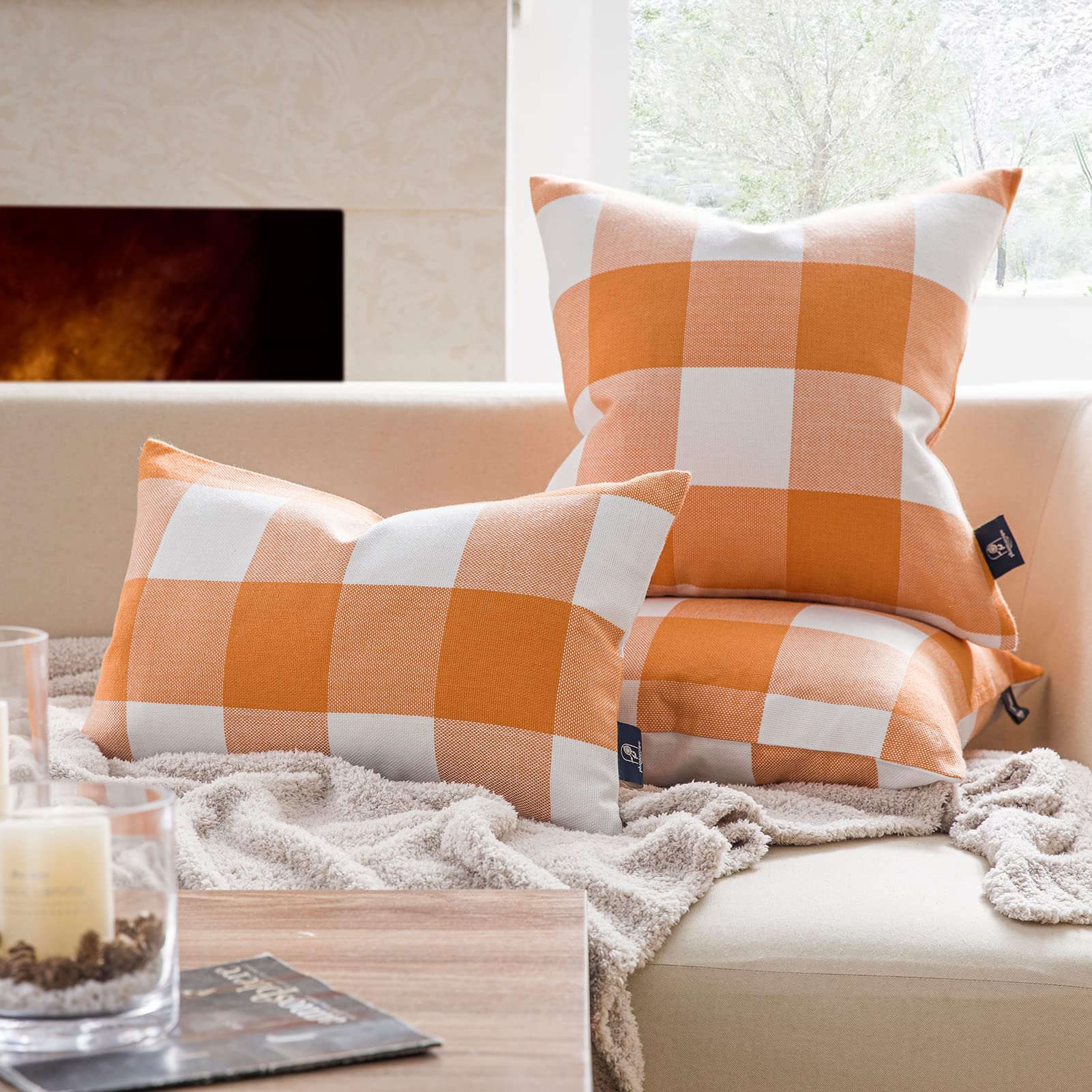 Pack of 2 Orange Gingham Buffalo Check Plaid Throw Pillow Covers 18x18 Inches - Farmhouse Fall Decor, Halloween Home Accents for Sofa, Bed & Porch