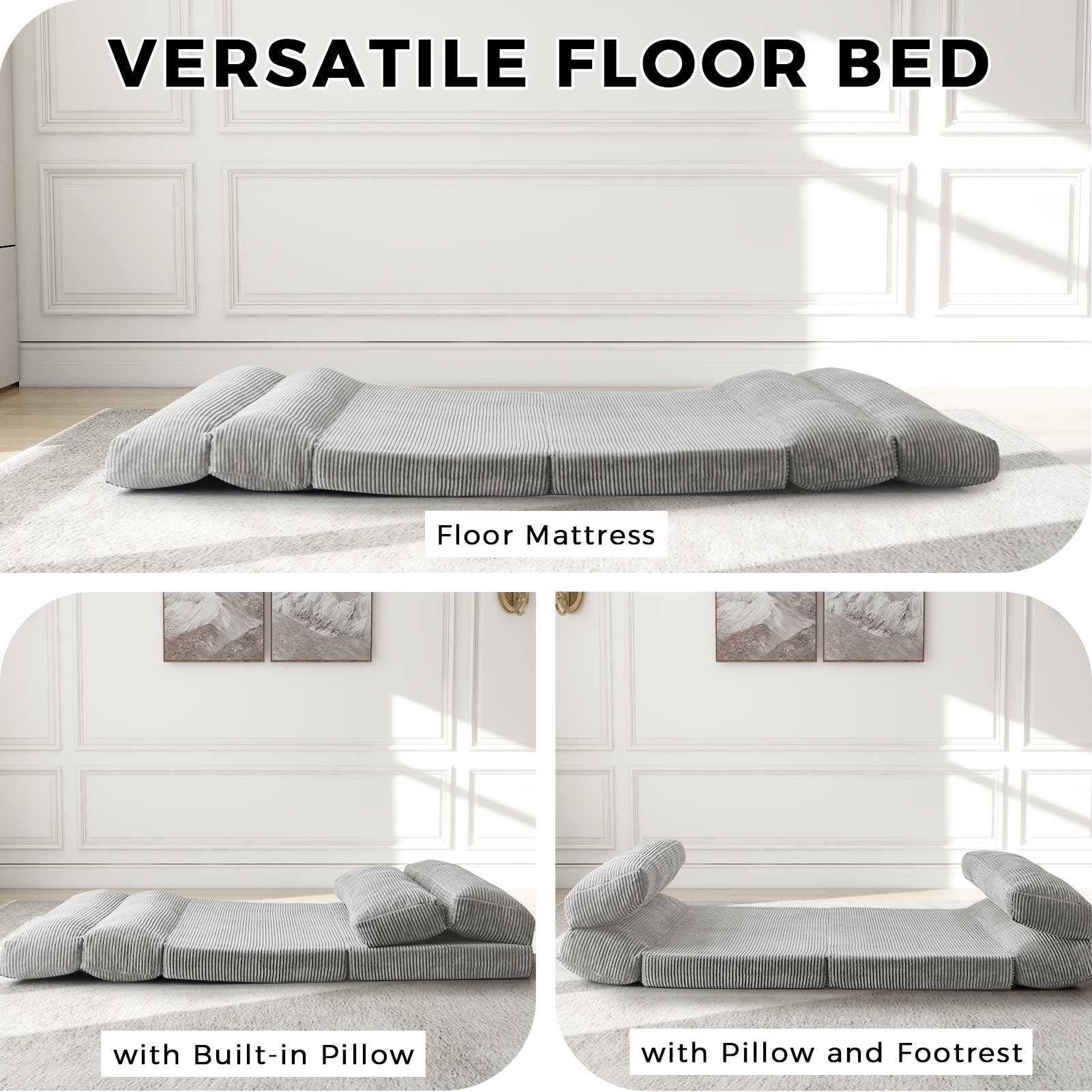MAXYOYO Folding Sofa Bed - Corduroy Convertible Floor Mattress for Small Spaces, Light Gray | Perfect for Guest Rooms, Apartments & Studio Living