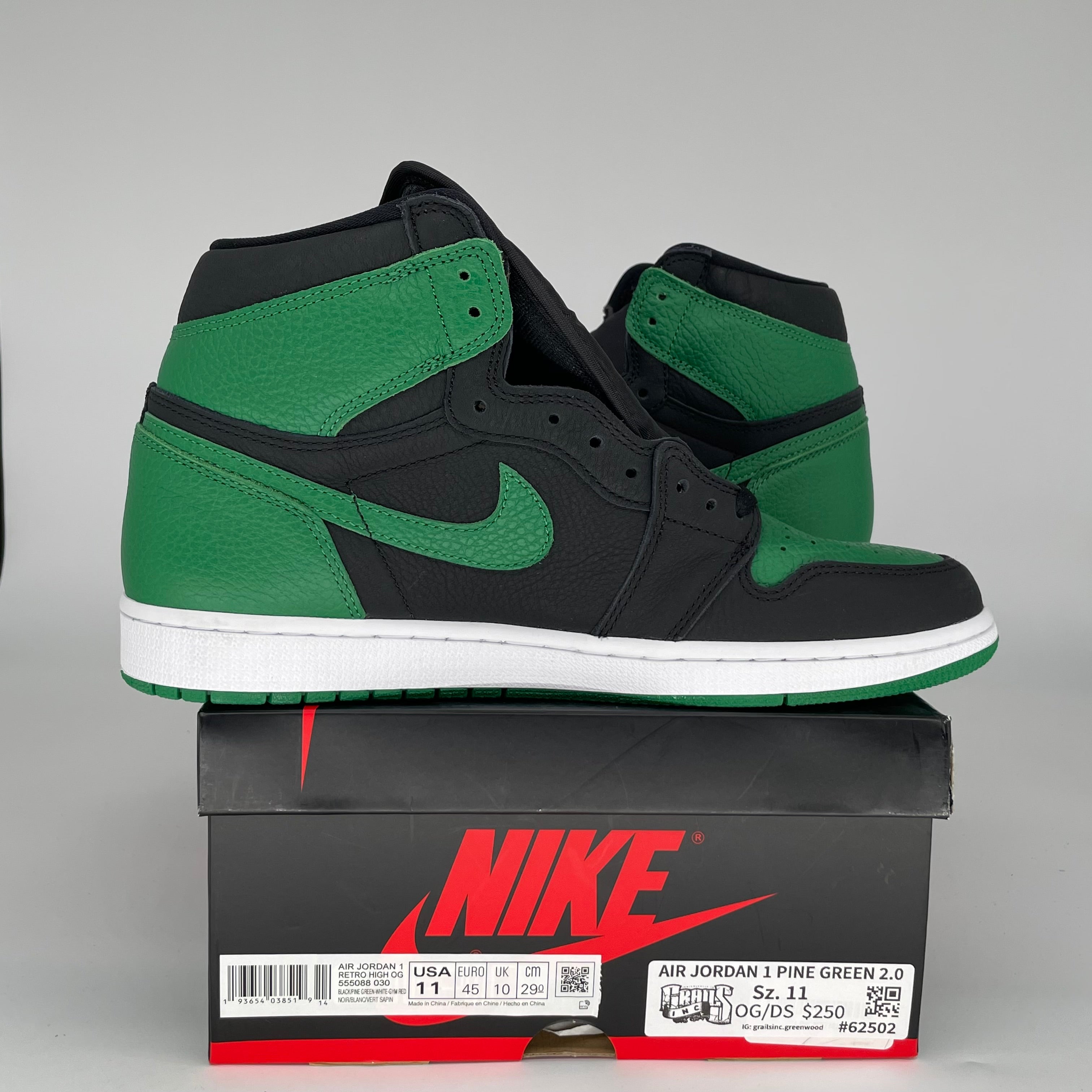 AIR JORDAN 1 PINE GREEN 2.0 Sneakers - Men's Size 11 (555088-030) - Retro High Top Basketball Shoes for Streetwear & Casual Outfits