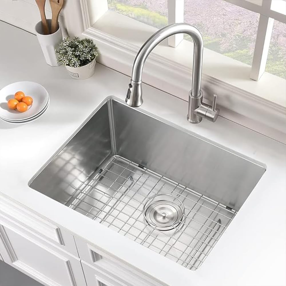 Premium 23-Inch Stainless Steel Undermount Kitchen Sink - 16 Gauge Single Bowl with Sound Dampening Rubber Pads, Includes 1 Strainer Drain & 1 Disposal Drain - Perfect for Modern Kitchens, Restaurants, and Food Prep Areas