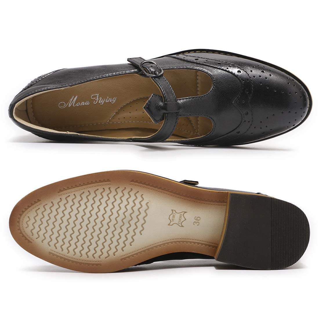 **Mona Flying Women's Wingtip Oxford Mary Jane Loafers – Genuine Leather T-Strap Casual Flats for Ladies | Comfortable & Stylish for Work, Office & Everyday Wear**