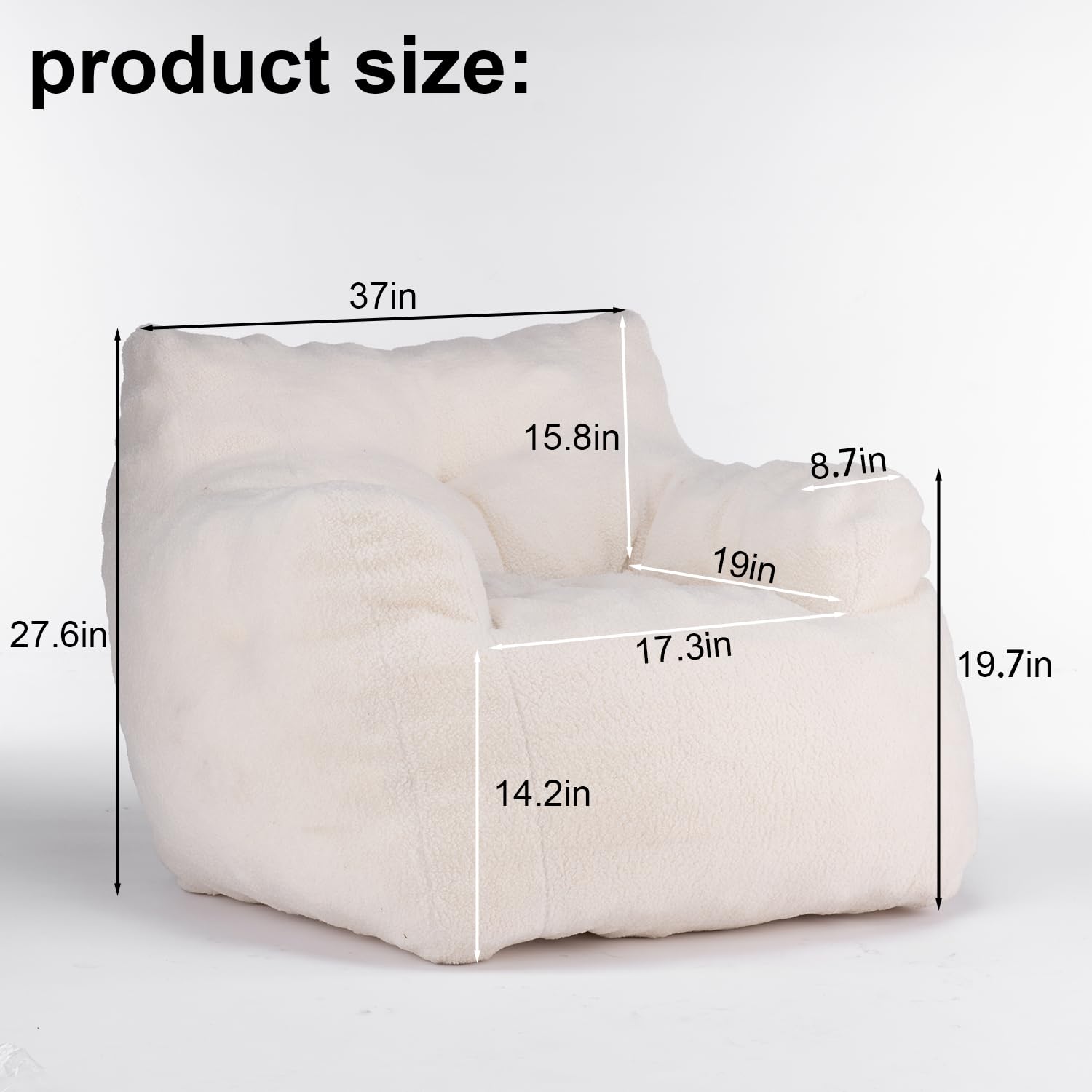 Soft Tufted Bean Bag Chair for Adults & Kids - Medium Teddy Fabric Bean Bag with Arms in Ivory White - Perfect for Living Room, Bedroom, Dorm & Game Room Relaxation