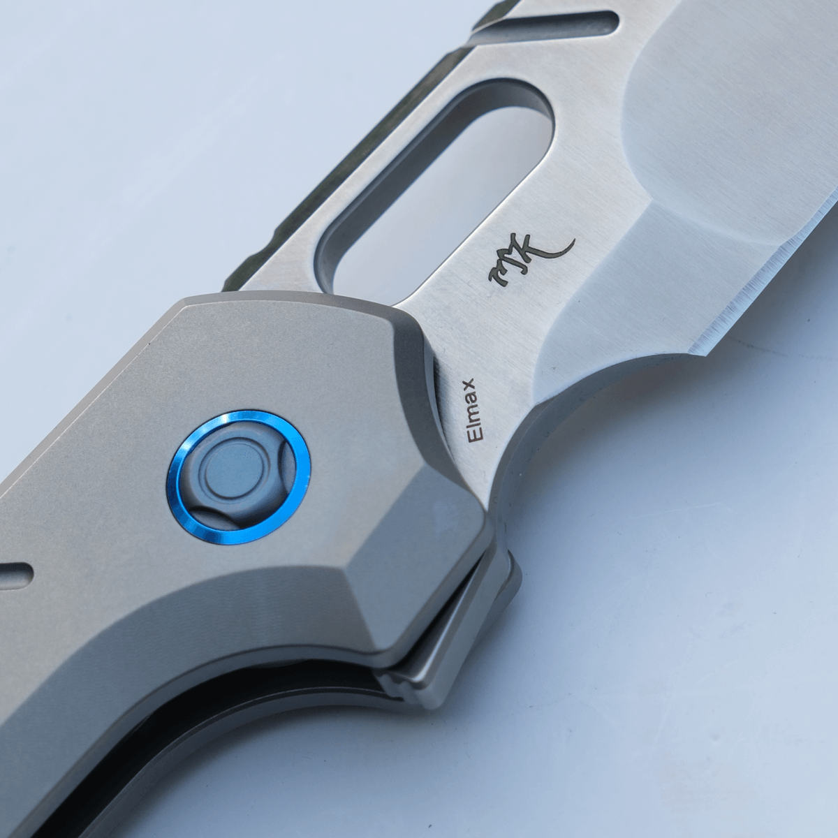 WMK Exclusive Vosteed RSKAOS Folding Knife - Gray Titanium Handle with Blue Hardware & ELMAX Wharncliffe Blade | EDC, Outdoor, Camping, Survival Gear