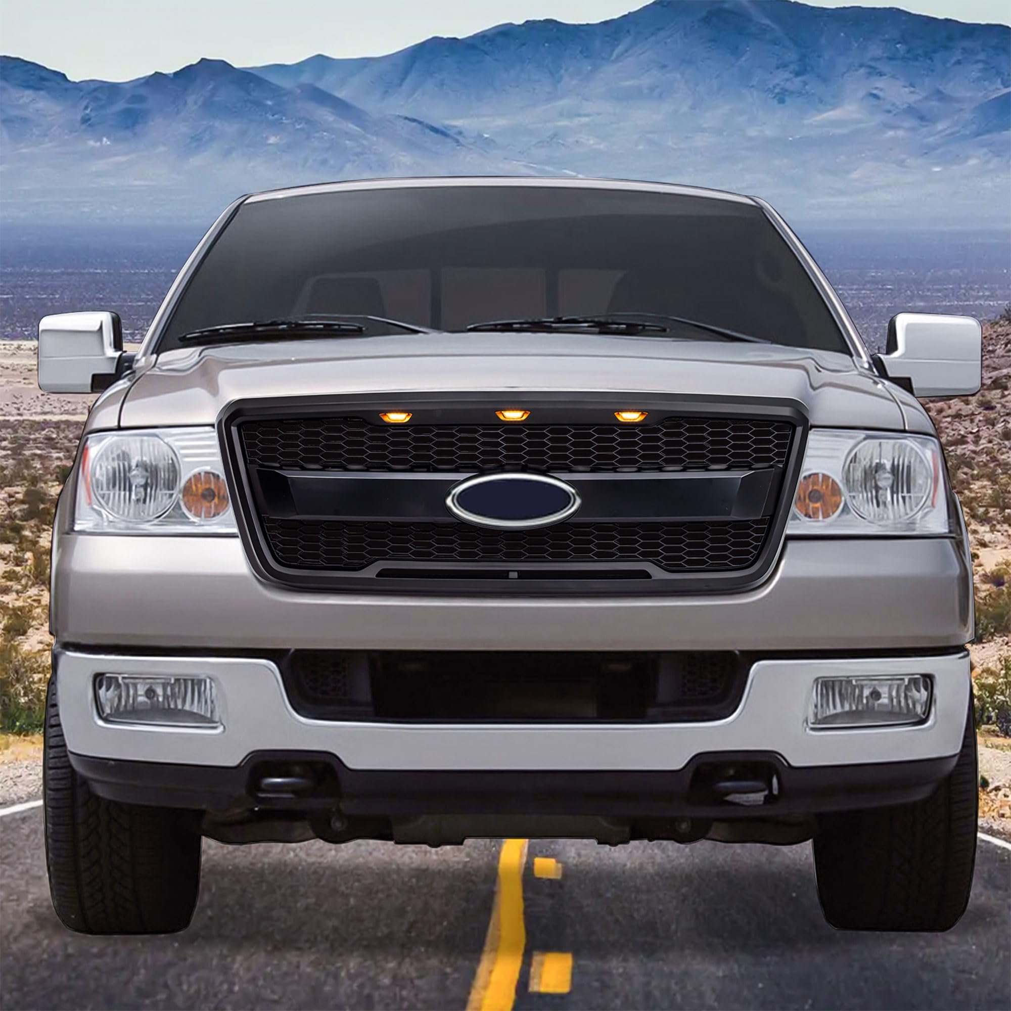 **2004-2008 Ford F150 Raptor Style Mesh Grille with Amber LED Lights & Emblem Base - Matte Black | Off-Road & Custom Truck Upgrade**