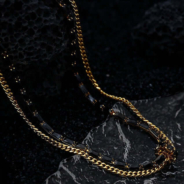 Black and Gold Layered Tennis Chain Necklace for Men & Women | 18K Gold Plated Stainless Steel Hip Hop Jewelry | Perfect for Parties, Gifts & Everyday Wear (QT2203)