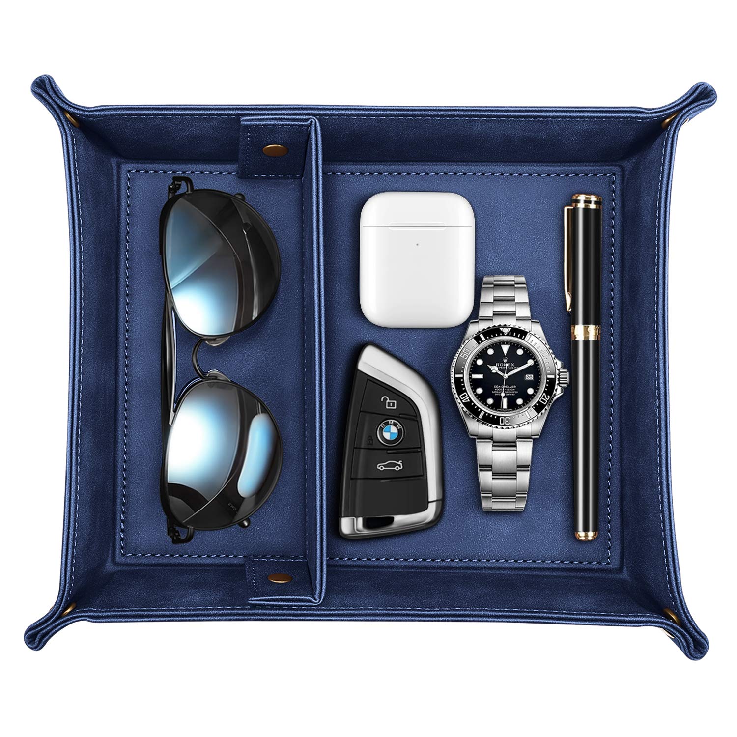 SITHON Valet Tray with Removable 2 Compartments - Dark Blue Desktop Organizer for Jewelry, Keys, Coins & Essentials | Perfect for Bedside, Vanity, Nightstand & Office Desk Storage