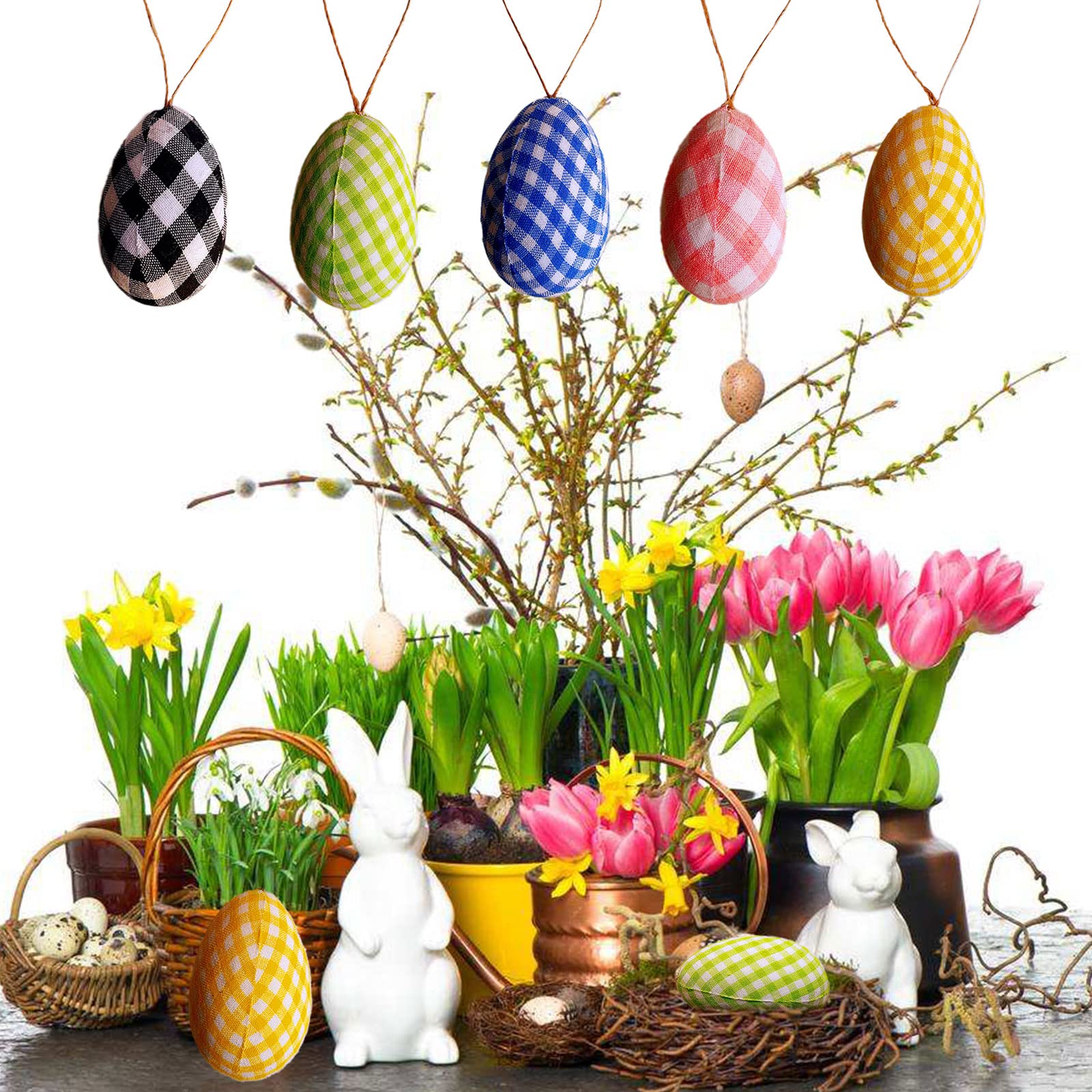 10 Pcs Easter Egg Hanging Ornaments - Pink & White Buffalo Plaid Foam Decorations for DIY Crafts, Easter Tree Party, Home & School Decor | Perfect for Spring Celebrations, Classroom Activities & Holiday Festivities