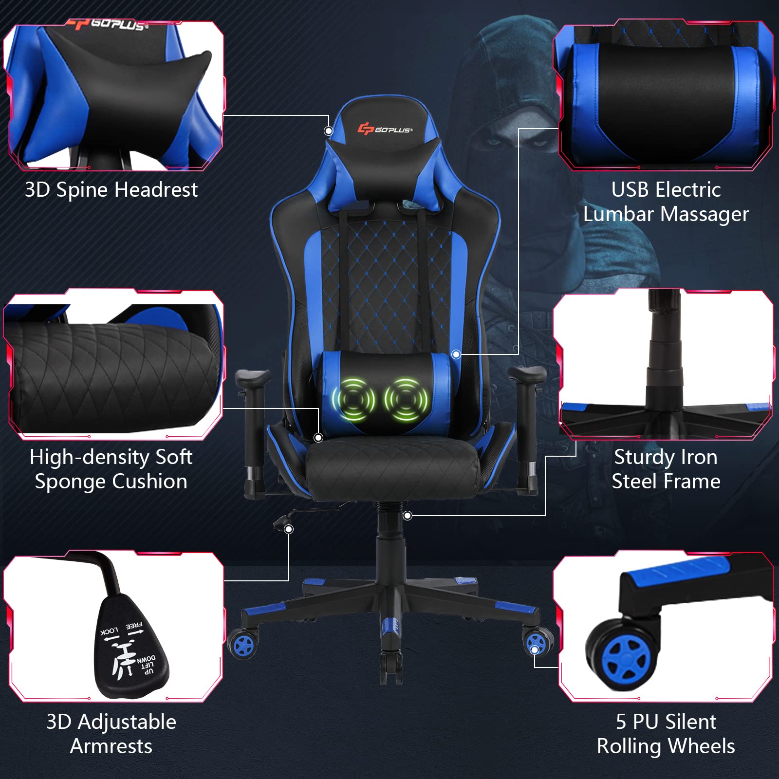 Powerstone Ergonomic Gaming Chair with Adjustable Armrest, Massage Lumbar Support & Wide Cushion - Blue Office Computer Chair for Adults - Perfect for Gaming, Working & Home Office Use