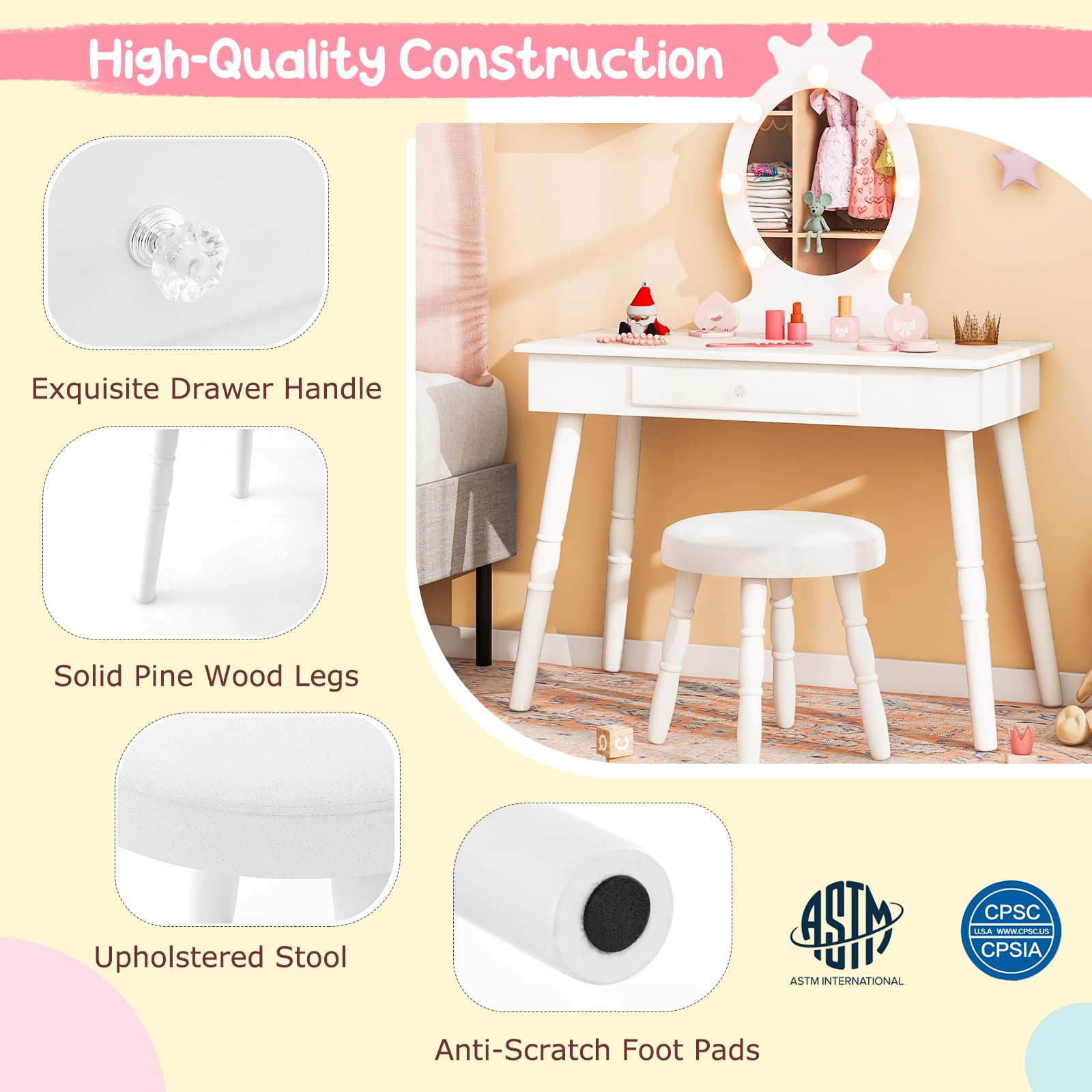 Costzon Kids Vanity Set with Mirror, Stool & LED Lights - 2-in-1 Wooden Makeup Dressing Table with Drawers for Girls - Pretend Play Toy for Toddlers (White) | Perfect for Birthday Gifts & Bedroom Decor