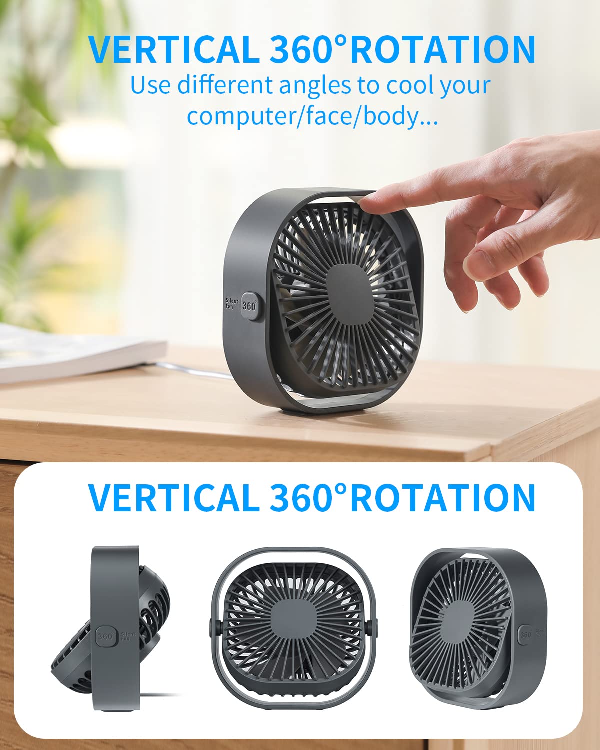 4 Inch USB Desk Fan - 3 Speed Adjustable, 360° Rotatable, Ultra Quiet Mini Table Fan for Home Office & Bedroom | Portable Cooling Fan for Computer Desk, Nightstand, Dorm Room | Perfect Summer Gift