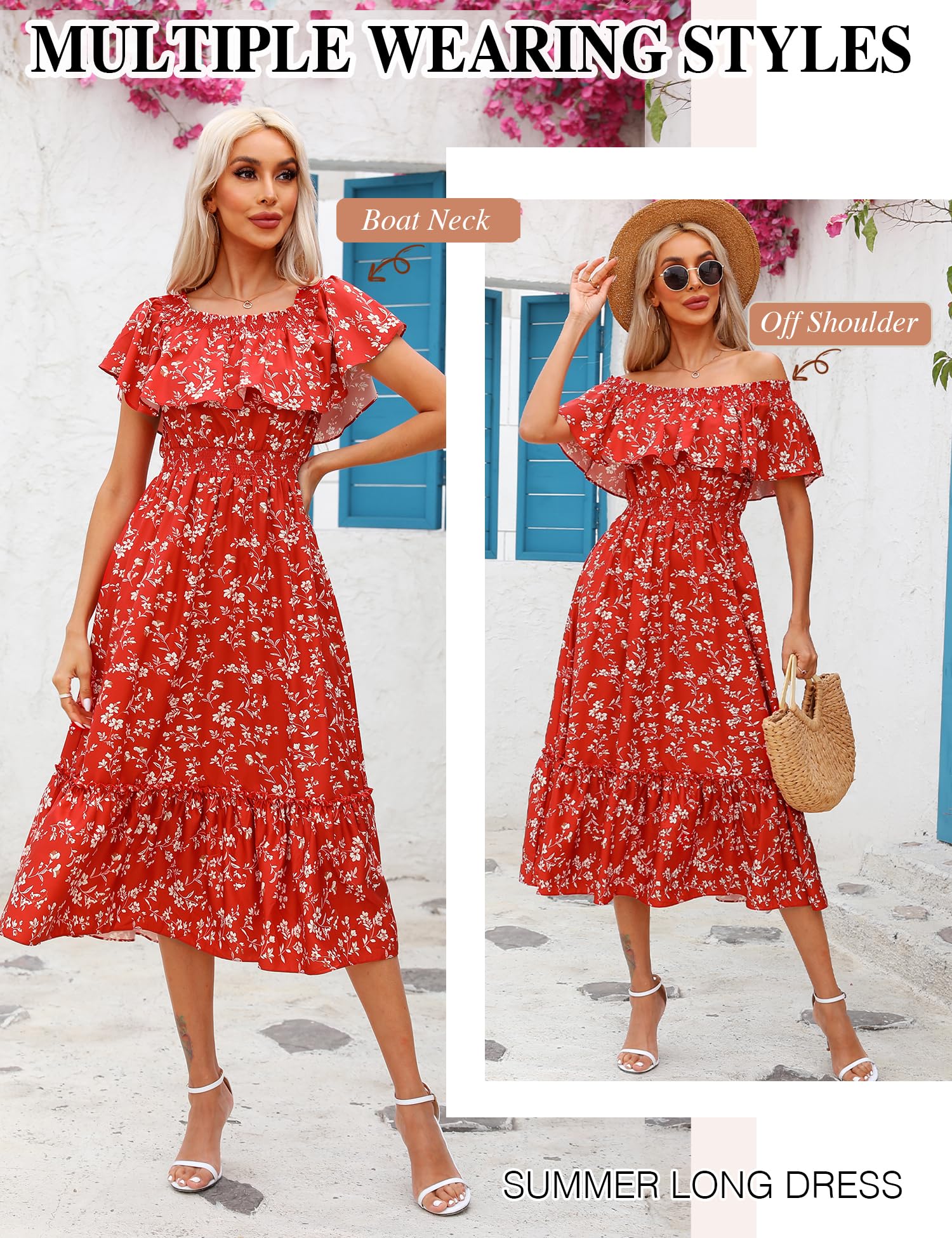 Prettywear Women's 2025 Spring Summer Boho Off Shoulder Floral Midi Dress - Short Sleeve A-Line Casual Beach Dress for Vacation, Party & Date Night