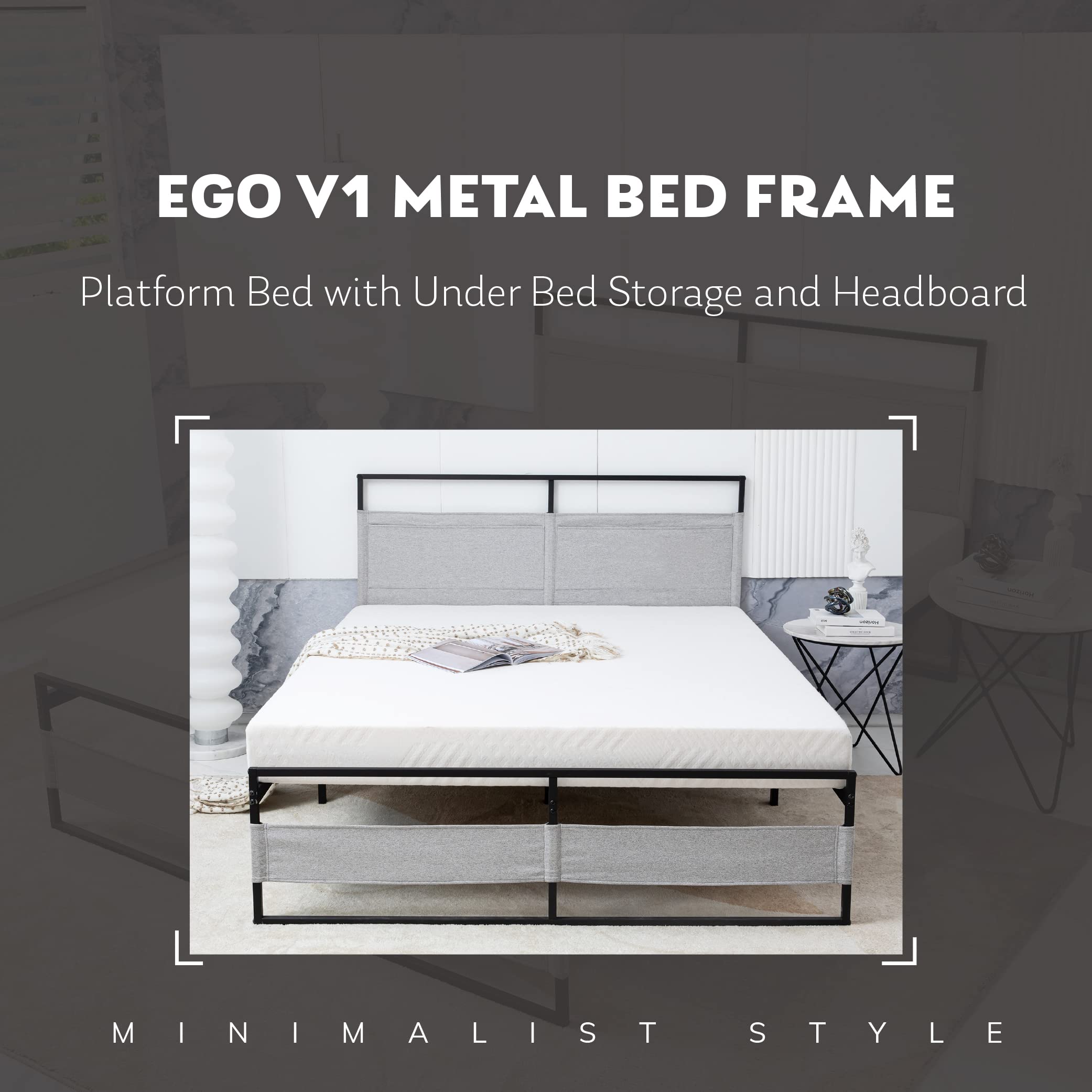 MLILY King Size Metal Platform Bed Frame with 14 Inch Height - Under Bed Storage & Headboard Pockets, Heavy Duty Steel Slats, No Box Spring Required, Easy Assembly, Grey (BED-V1-K) - Perfect for Master Bedrooms, Guest Rooms & Small Space Living