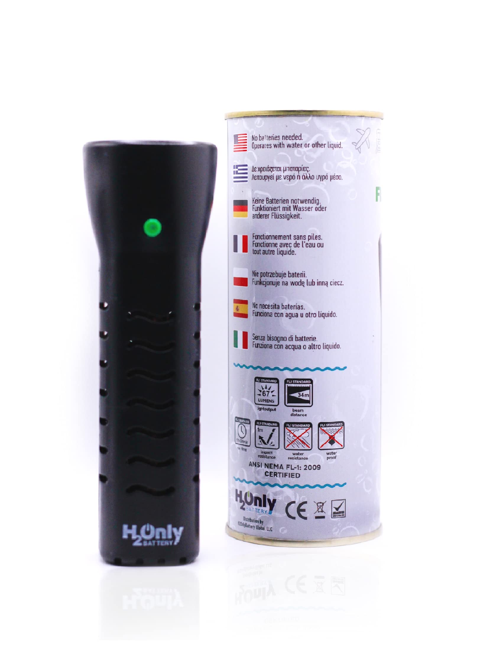 Water-Powered Flashlight - No Batteries Needed, Works with Any Liquid - 67 Lumens Emergency Light with 1500 Hours Runtime (Black) - Perfect for Camping, Hiking, and Power Outages