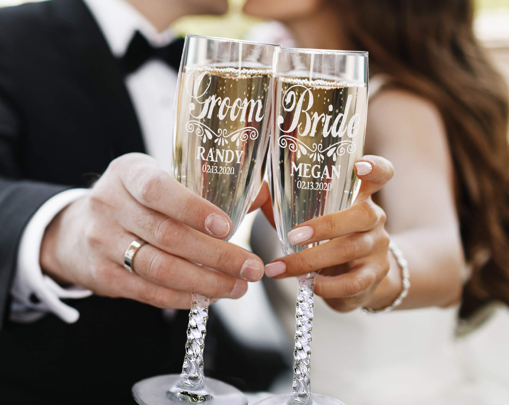 Personalized Wedding Champagne Glasses Set of 2 - Custom Engraved Stemless Flutes for Bride & Groom, Bridal Shower, Anniversary Gifts (55th Year) - Perfect for Wedding Toasts, Romantic Dinners & Anniversary Celebrations