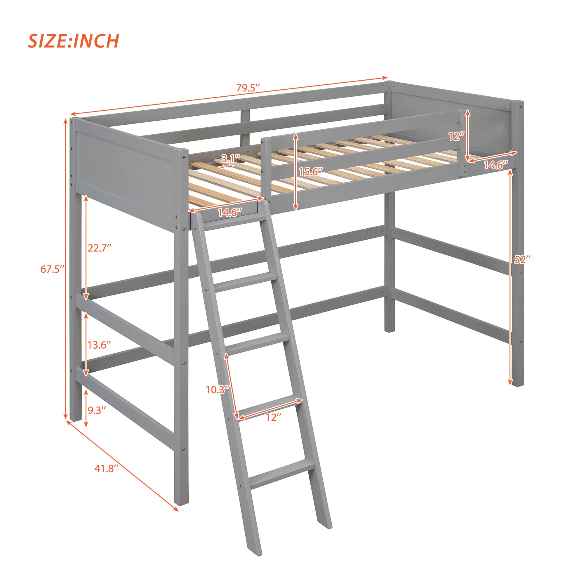 Harper & Bright Designs Twin Size Wooden Loft Bed with Ladder - Sturdy Bed Frame for Kids, Teens & Adults in Gray - Perfect for Small Spaces, Dorm Rooms & Kids' Bedrooms