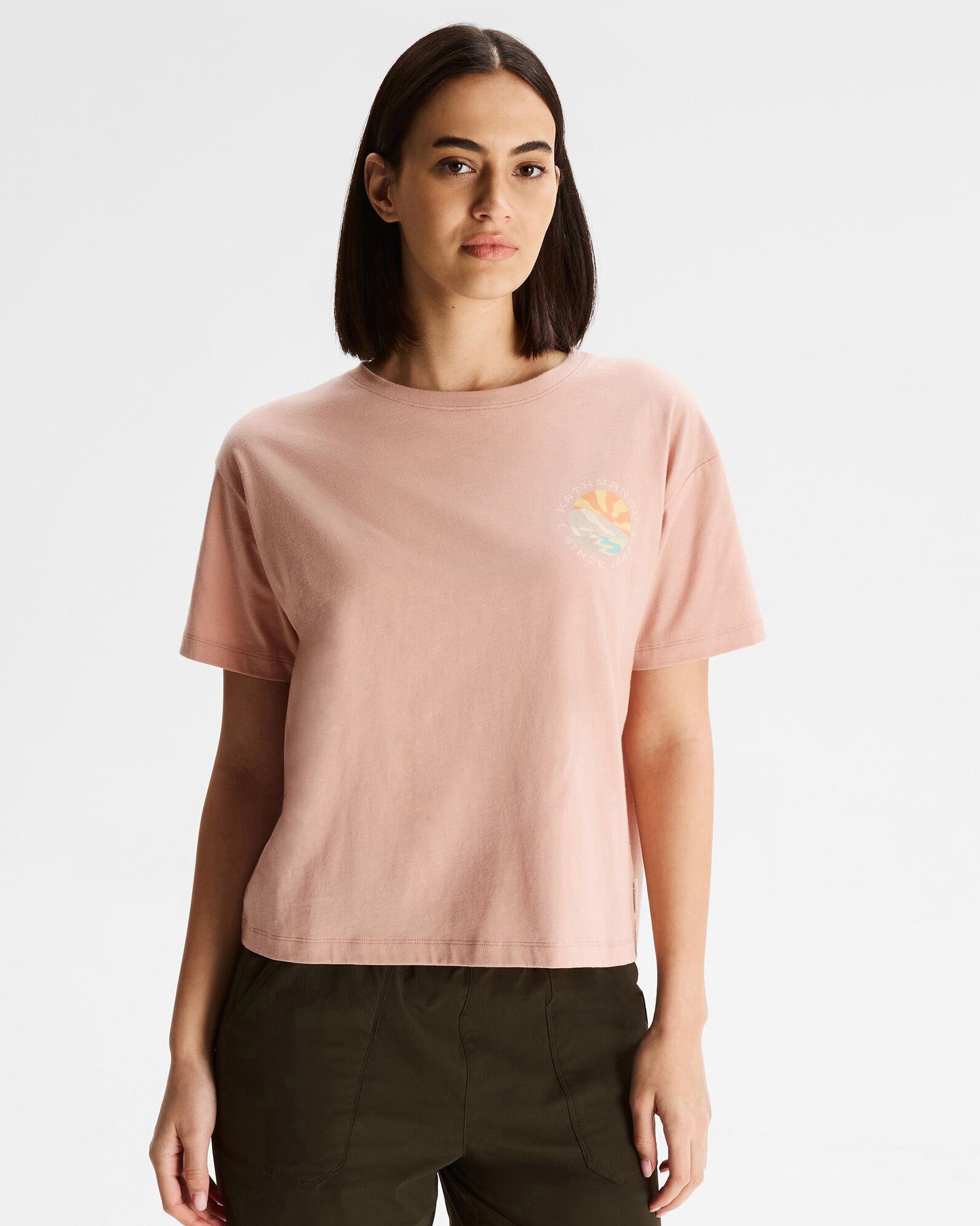 Women's Kathmandu Logo Sunburst Organic Cotton T-Shirt - Eco-Friendly Mineral Wash Tee for Casual Wear & Outdoor Adventures