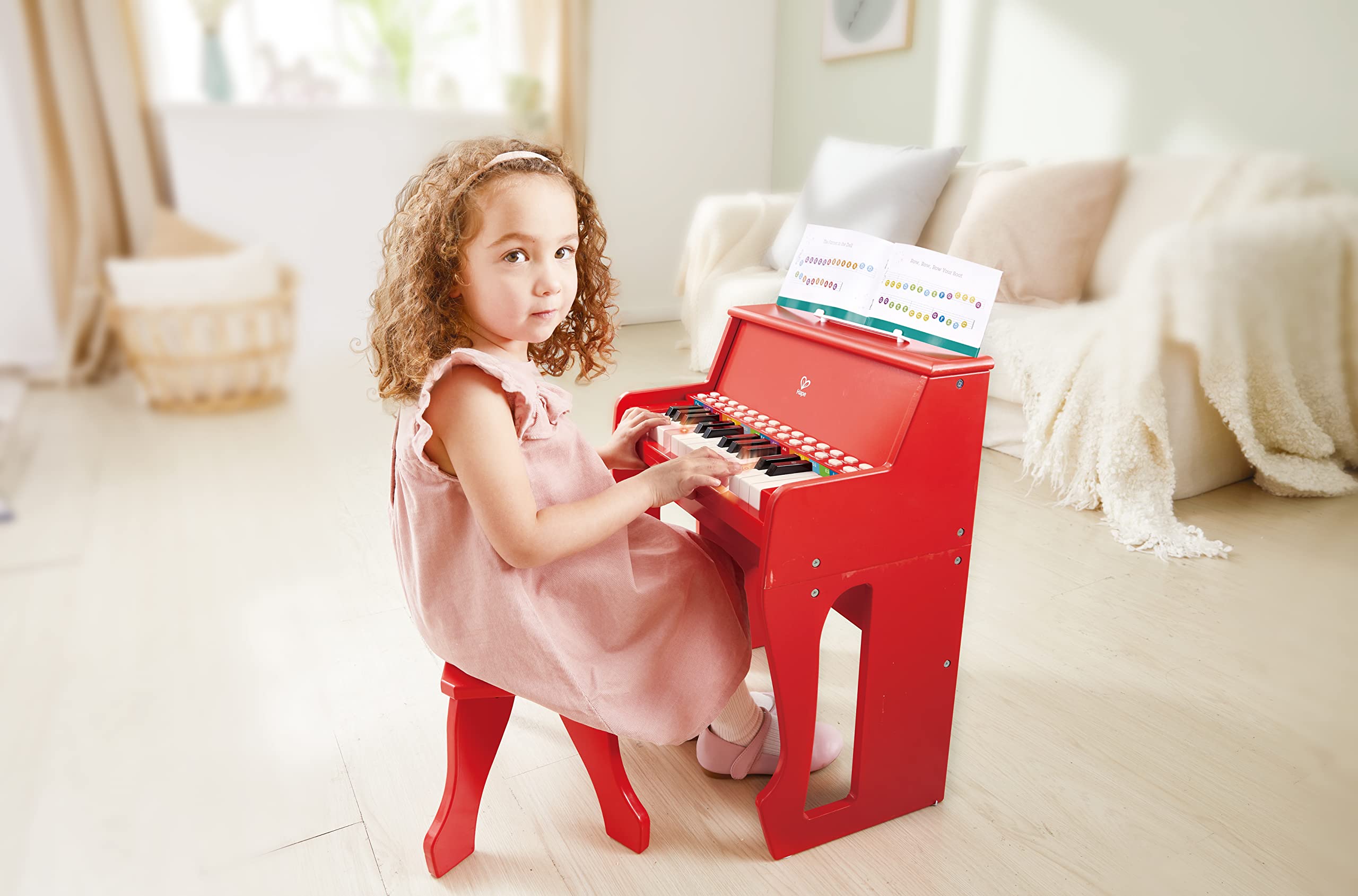 Hape Learn with Lights Red Piano with Stool - Interactive Musical Toy for Kids, Toddler Educational Keyboard with Light-Up Keys & Adjustable Bench - Perfect for Early Childhood Music Learning & Playroom Fun