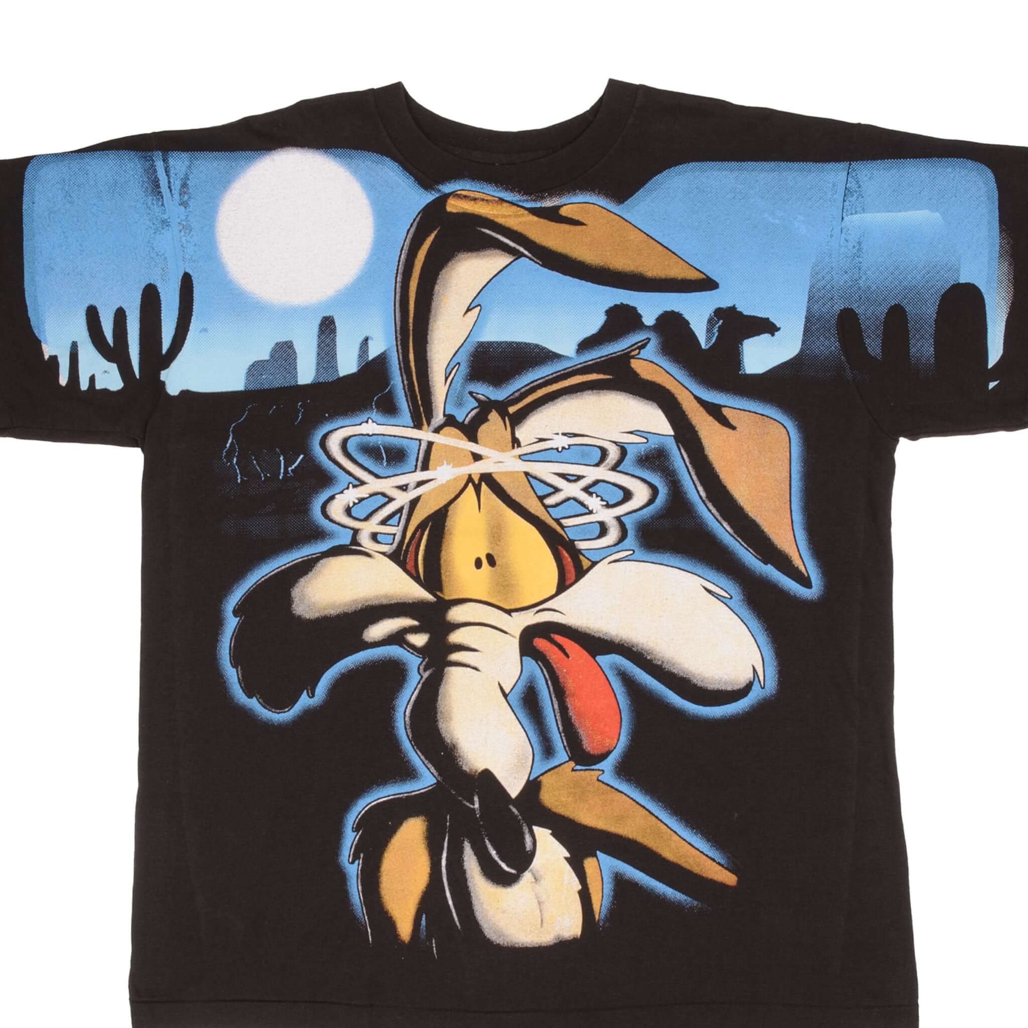 Vintage Looney Tunes Wile E Coyote All Over Print Bootleg Tee Shirt - XL Size Single Stitch Cotton T-Shirt for Retro Cartoon Fans & Streetwear Style