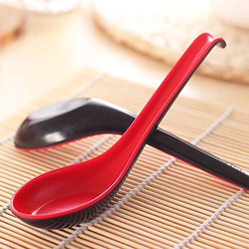 Premium 12-Pack Japanese Style Soup Spoons - 6.5 Inch Chinese Wonton Pho Ramen Dining Spoons with Hook (Black & Red) - Perfect for Asian Noodles, Soups, Rice Bowls & Home Restaurants