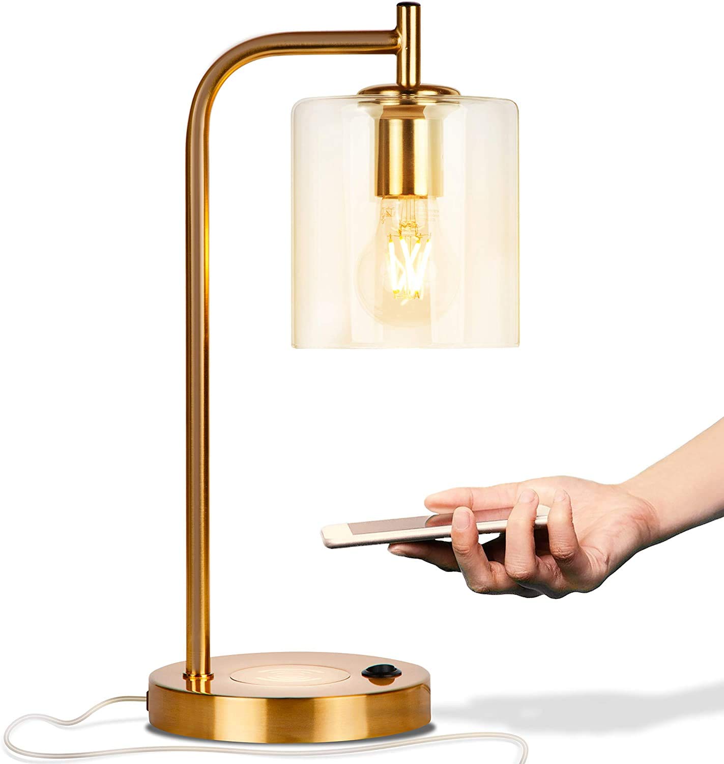 Brightech Elizabeth Wireless Charging Table Lamp with USB Port - Vintage Brass Gold LED Desk Lamp for Bedroom, Living Room & Office - Perfect Nightstand Reading Lamp & Bedside Lighting with Smartphone Charging Station