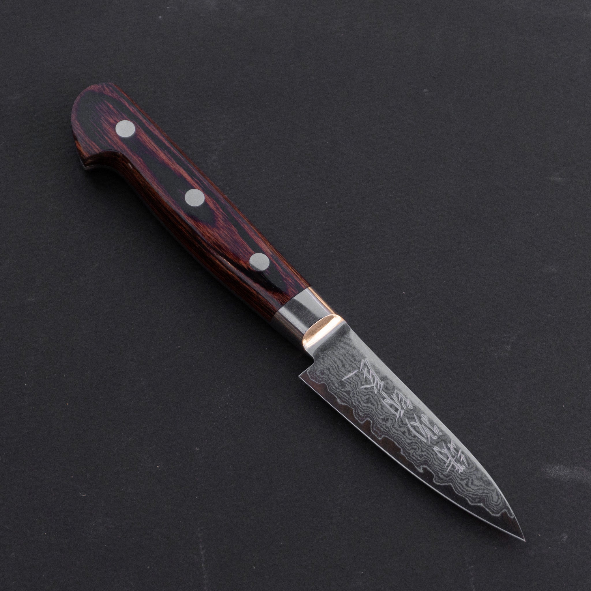 Hitohira Imojiya ST Damascus Paring Knife 80mm with Imitation Mahogany Handle - Perfect for Kitchen, Camping & Outdoor Cooking