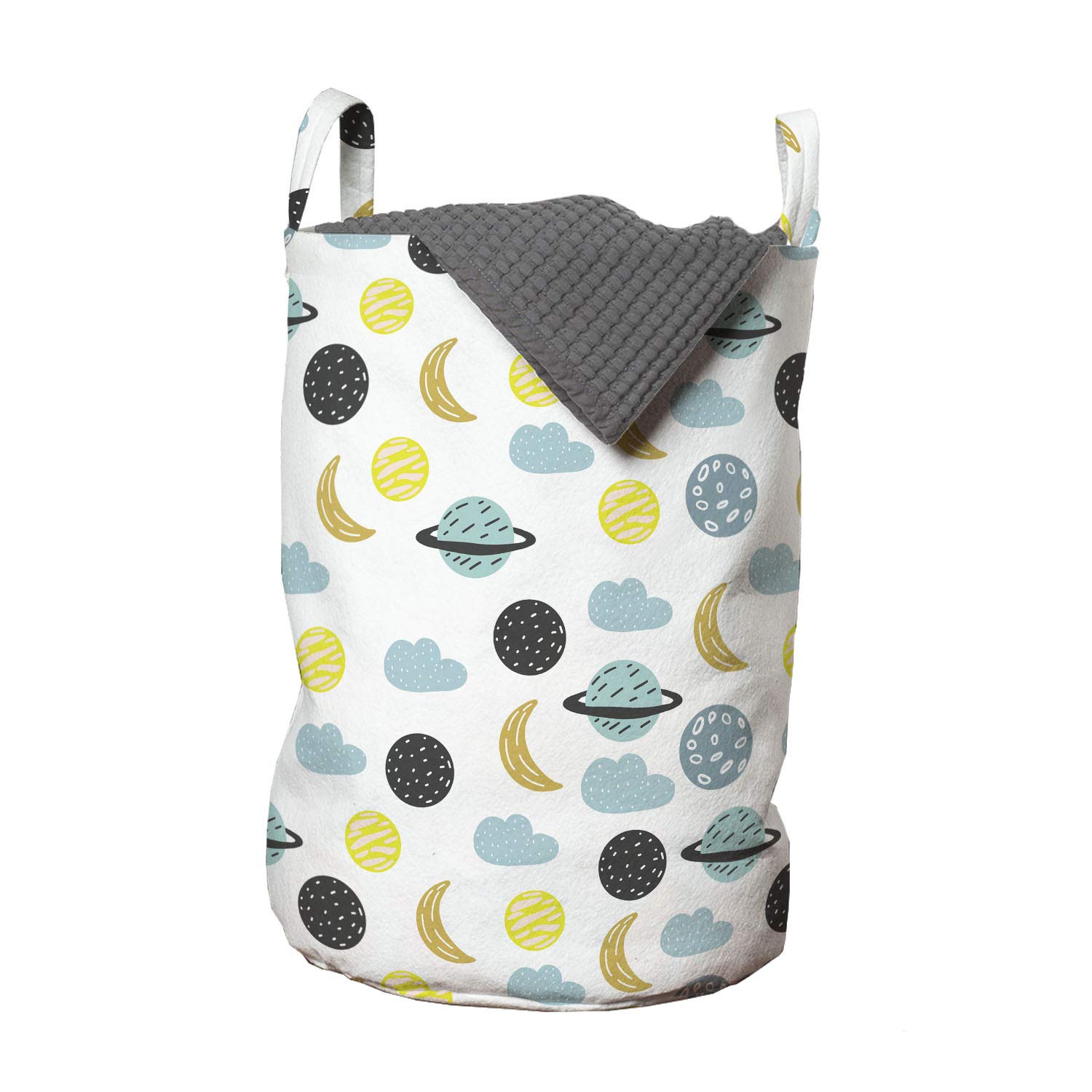 Ambesonne Moon Themed Laundry Bag with Crescent Planets & Clouds Pattern, Drawstring Hamper Basket with Handles for Laundry Room, College Dorm, Travel - 13