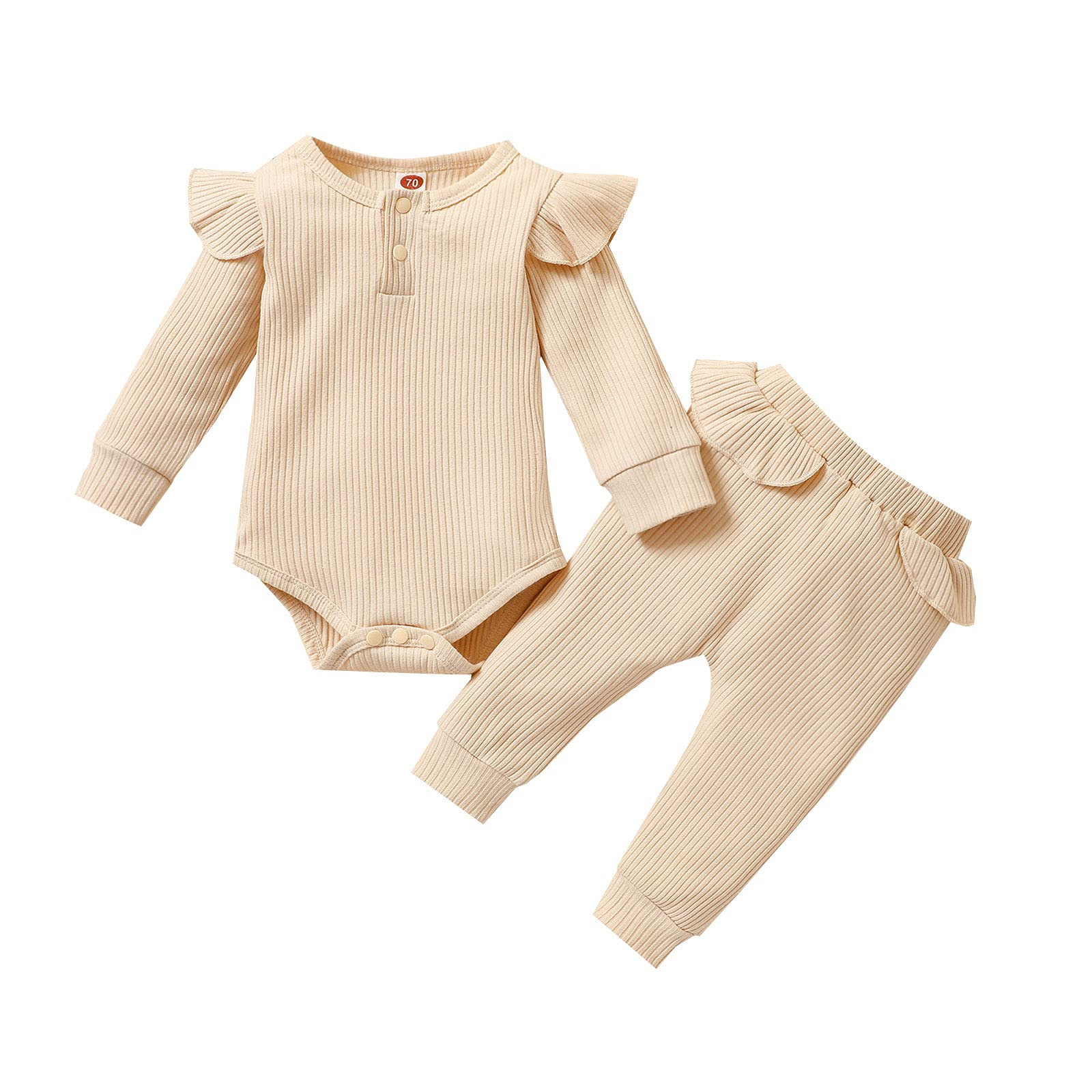 Newborn Baby Boy Girl Clothes Set - Soft Ribbed Knit Long Sleeve Romper & Pants 2PC Outfit for Fall Winter | Striped Top & Bottom | 12-18 Months | Perfect for Family Photos, Holiday Gatherings & Cozy Home Wear (Beige)
