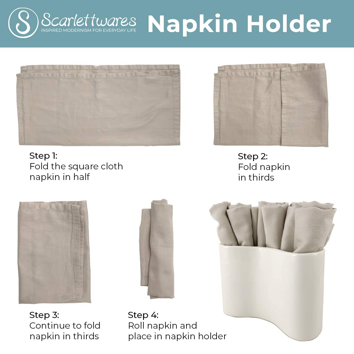 Ceramic Napkin Holder - Modern Farmhouse White Upright Stand for Table Kitchen, Paper & Linen Cloth Napkins | Compact, Stylish & Sturdy | Perfect for Dining Room, Kitchen Counter & Farmhouse Decor