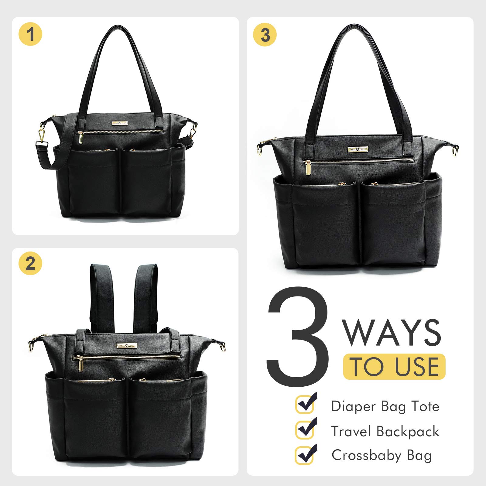 Premium Leather Diaper Bag Backpack for Women - Large Tote & Crossbody Baby Bag by Miss Fong - Perfect for Travel, Shopping, and On-the-Go Moms