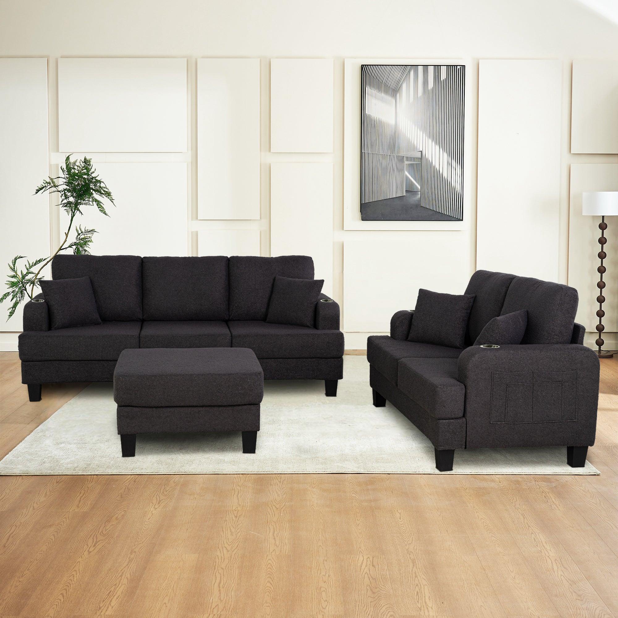 Dark Gray 3-Piece Sofa Set with Storage Ottoman & USB Charging - Modern Living Room Furniture for Small Spaces, Perfect for Apartments, Dorms and Cozy Homes