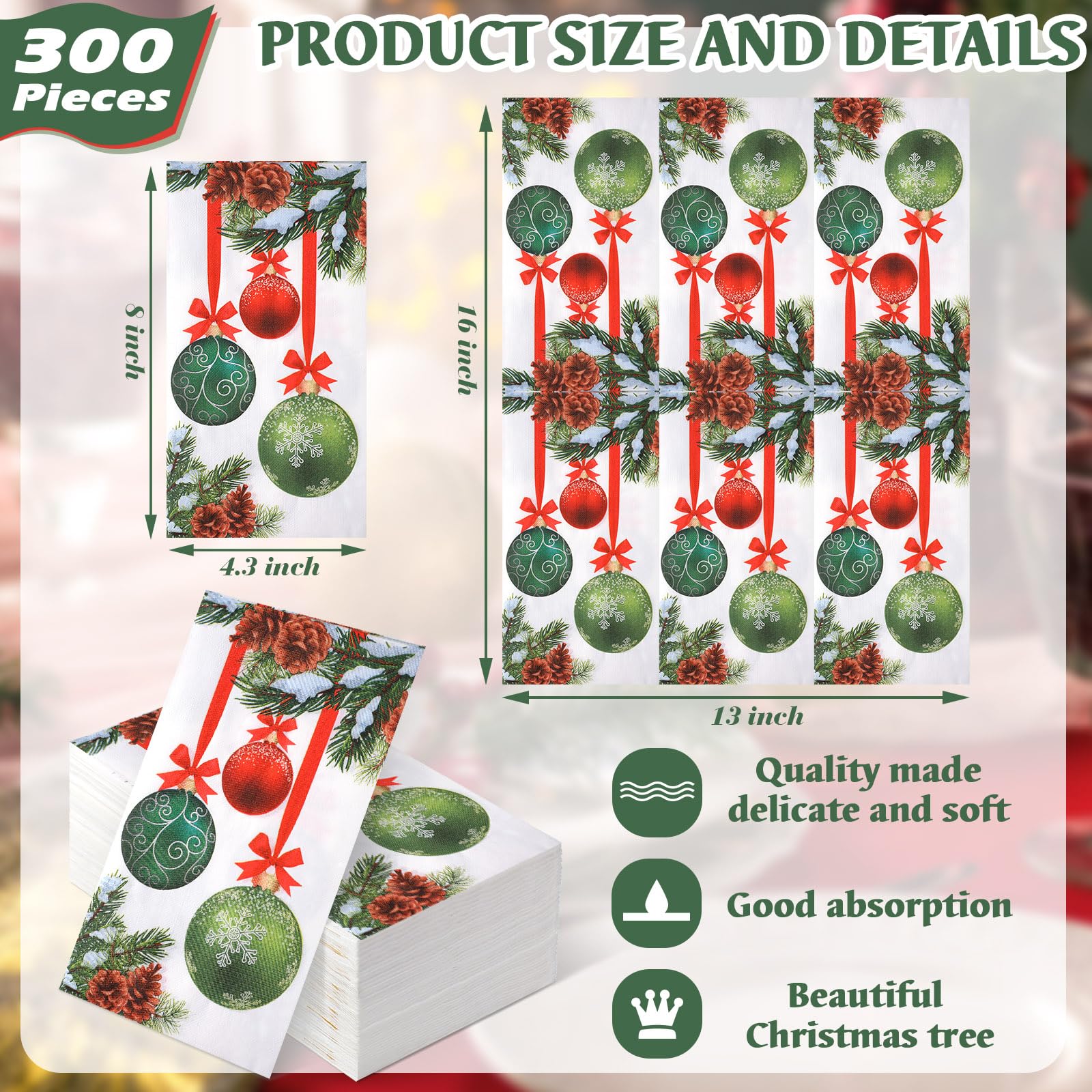 300 Pcs Christmas Napkins - Disposable Holiday Paper Towels for Bathroom, Kitchen & Party | Cardinal Red Festive Design for Home, Wedding & Christmas Decorations | Perfect for Holiday Gatherings, Dinner Parties & Festive Celebrations