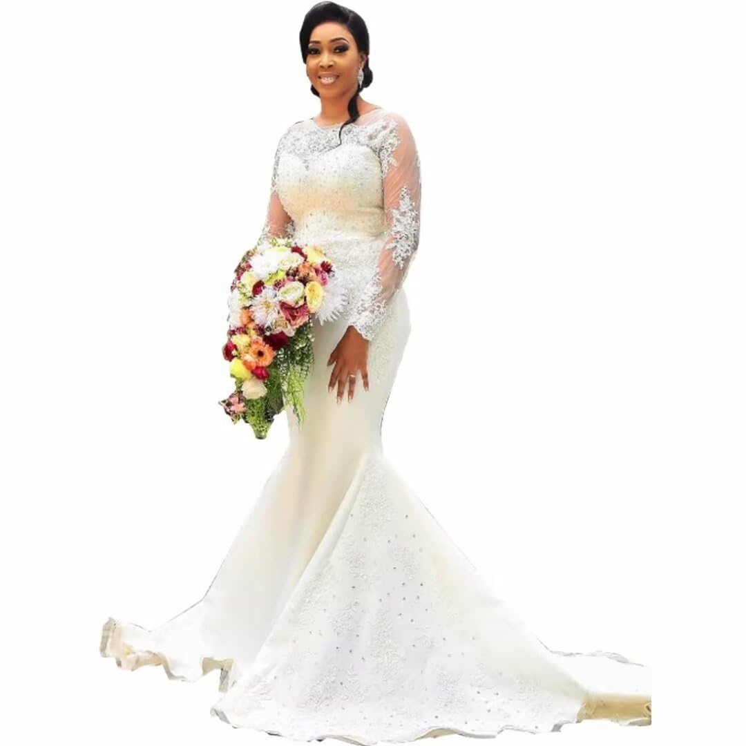 Vintage Lace Long Sleeve Mermaid Wedding Dress with Applique & Train - Elegant Diamond Maxi Bridal Gown for Bride | Perfect for Church Ceremony, Beach Wedding & Formal Reception